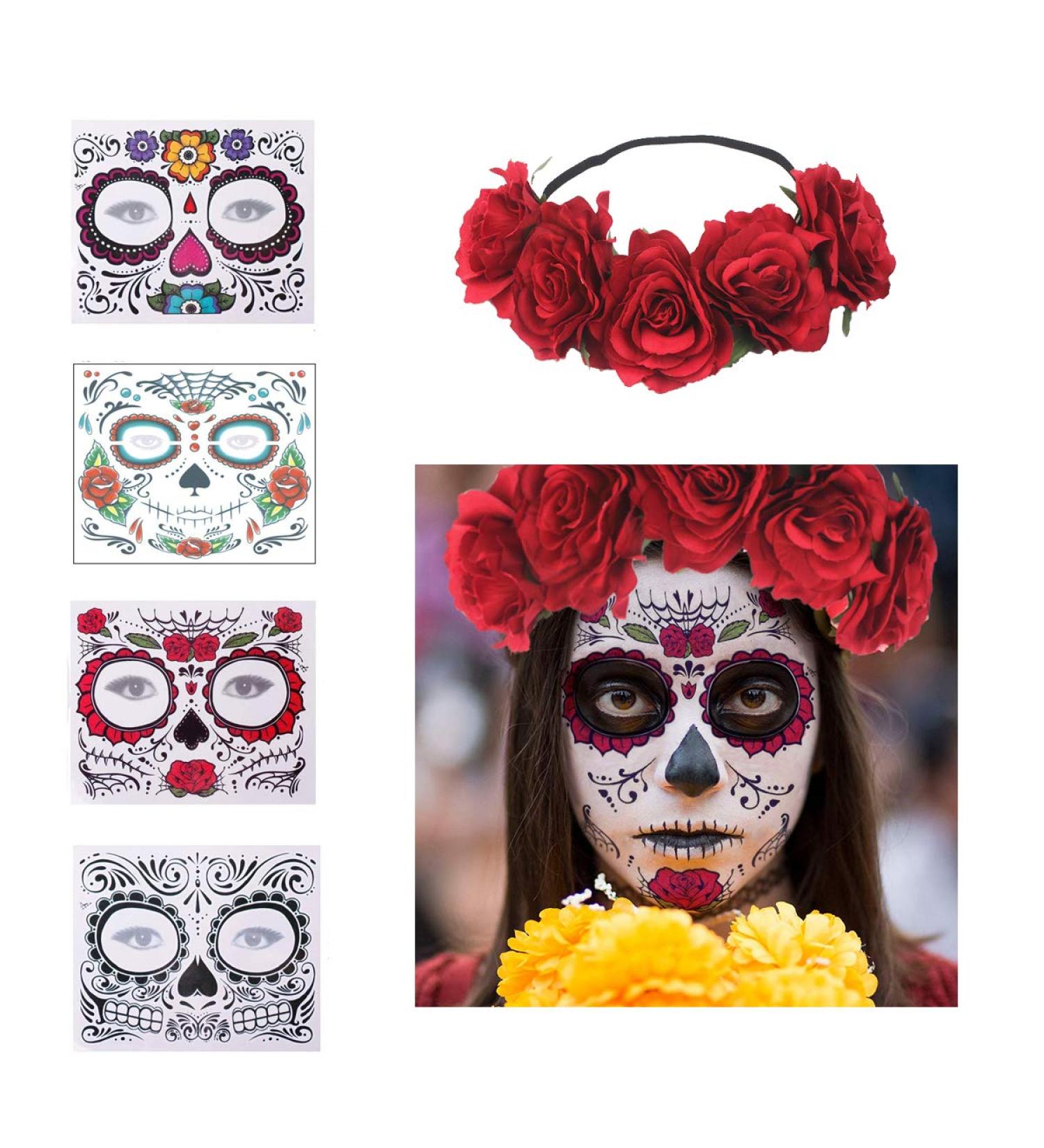 Day of The Dead Sugar Skull Face Temporary Tattoos Set with Flower Crown Headband - Perfect for Halloween Masquerade Party - Buy Online on GoSupps.com