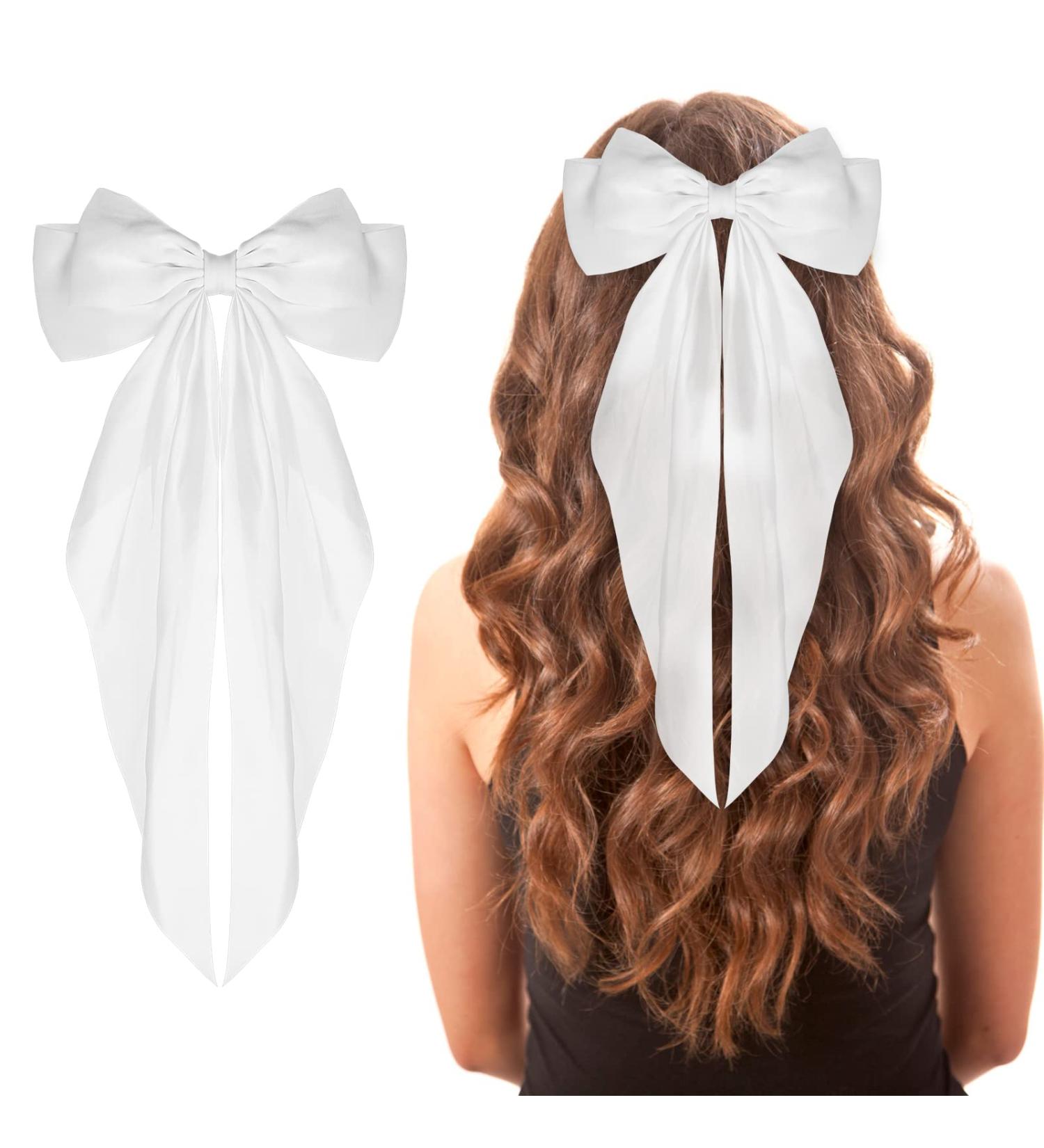 Big Bow Barrettes: Long Tail French Ribbon Hair Pins -Silky Satin Hair Clip for Women & Girls - White - Buy Online on GoSupps.com