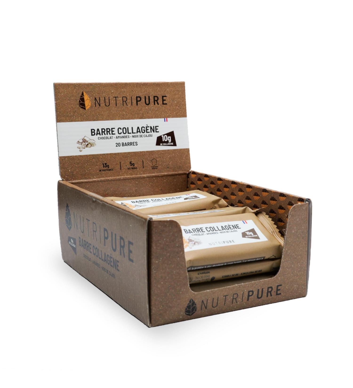 Nutripure Barre Collag ne Peptan - Snack Sain et Gourmand avec Amandes Noix de Cajou et P pites de Chocolat- 10g de Collag ne 170 kcal - Pour les sportifs et Personnes Actives (20 barres) 10g 1 tui (20 barres) - Buy Online on GoSupps.com