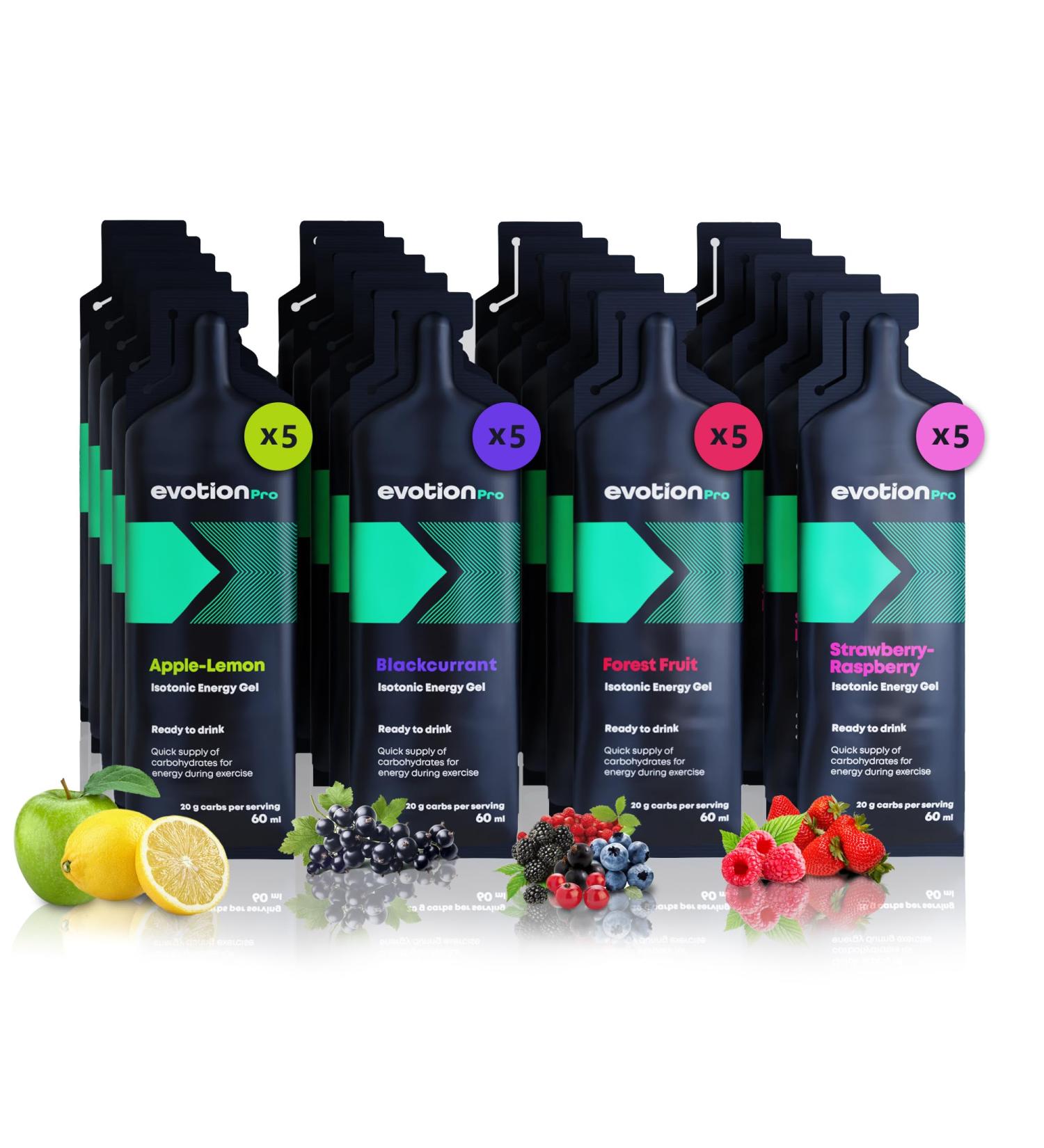 Evotion Pro High Energy Gel 20x60ml - 80kcal 20g Carbs - Mix Box Maltodextrin Power Gel for Sports & Marathon Energy - Buy Online on GoSupps.com