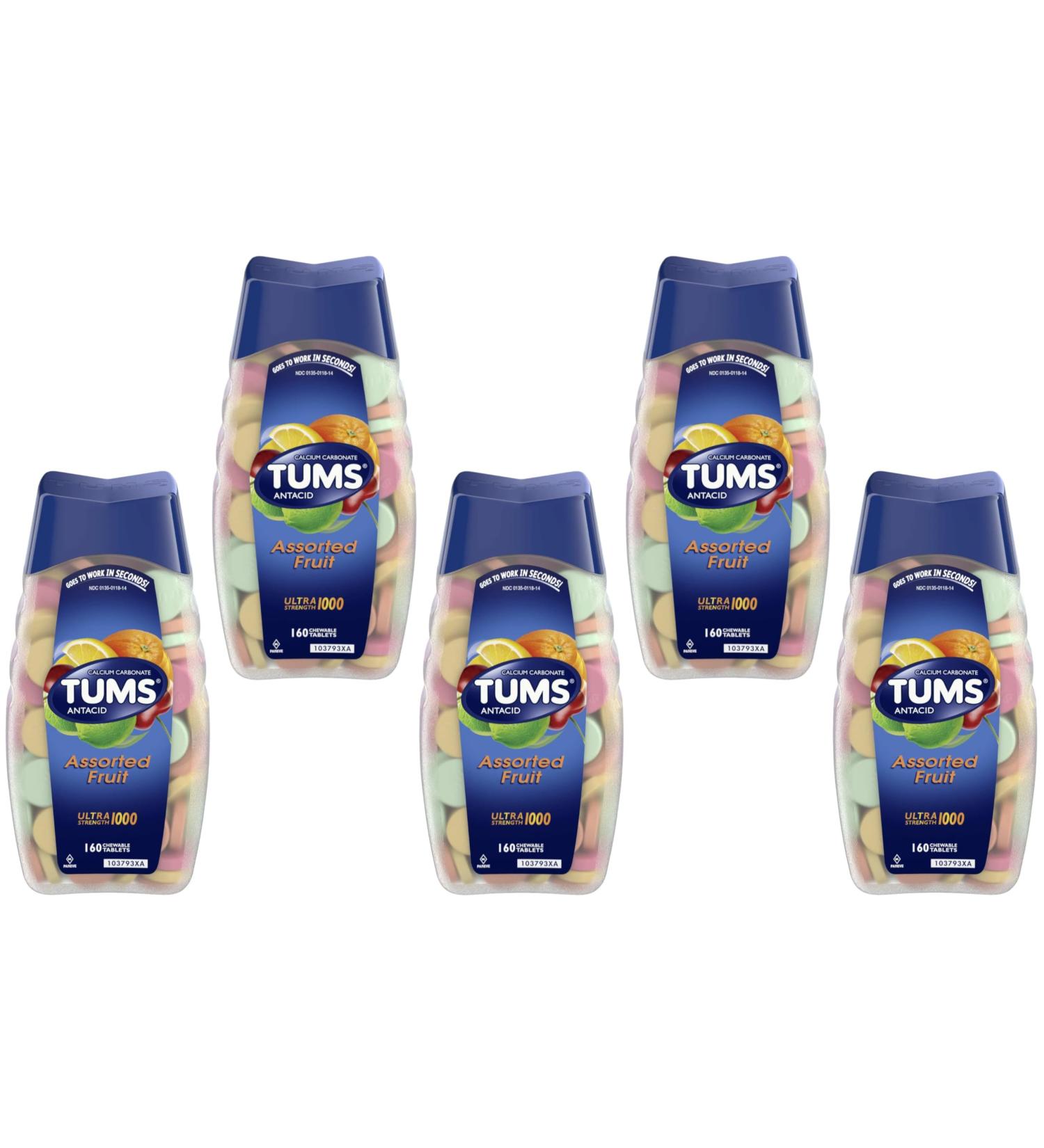 TUMS Antacid Calcium Carbonate Assorted Fruit Chewable Tablets Ultra Strength 1000 160 Count (Pack of 5) - Buy Online on GoSupps.com