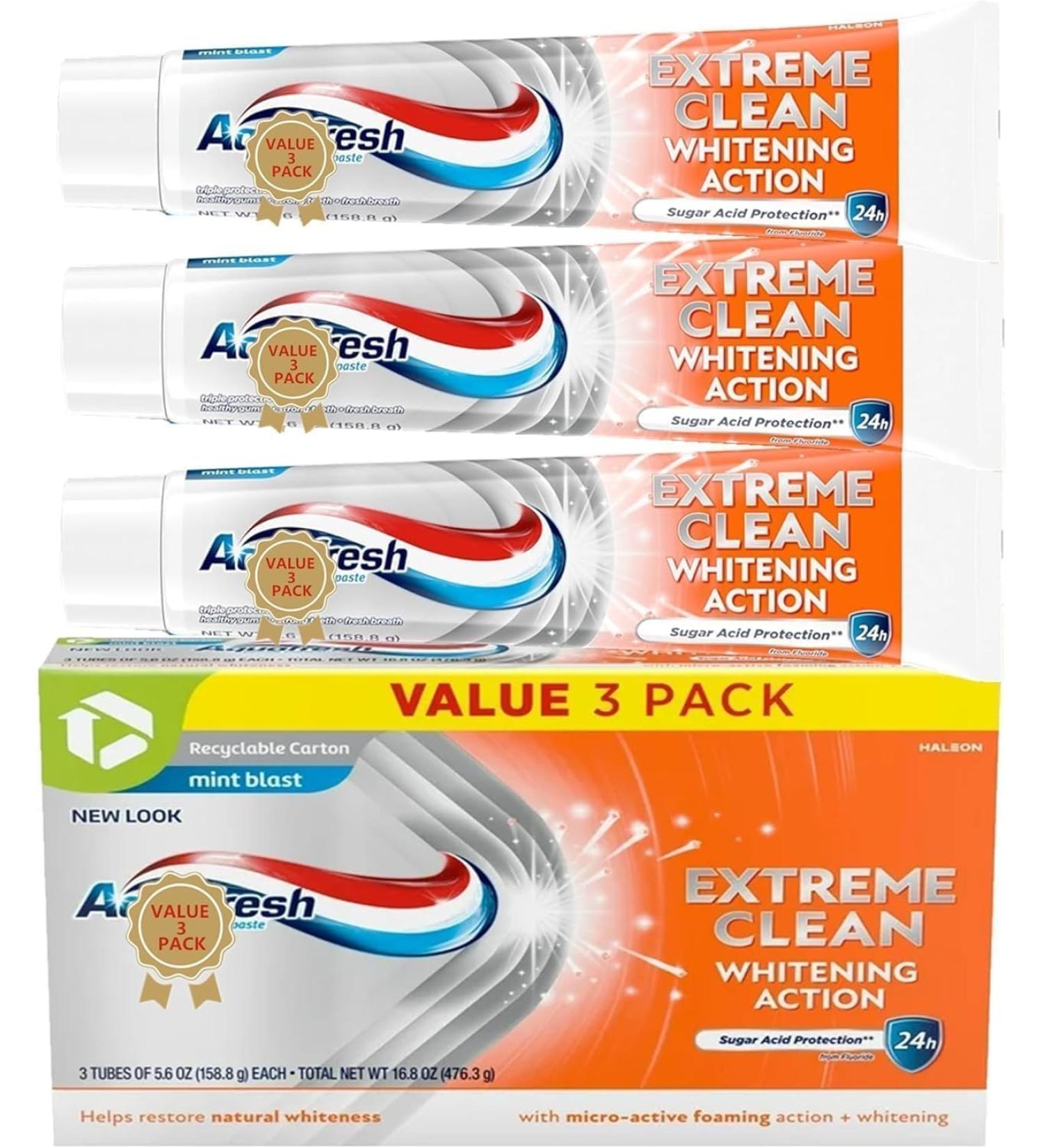 (3 Pack) Extreme Aquafresh Clean Whitening Action Fluoride Toothpaste Mint Blast - Buy Online on GoSupps.com
