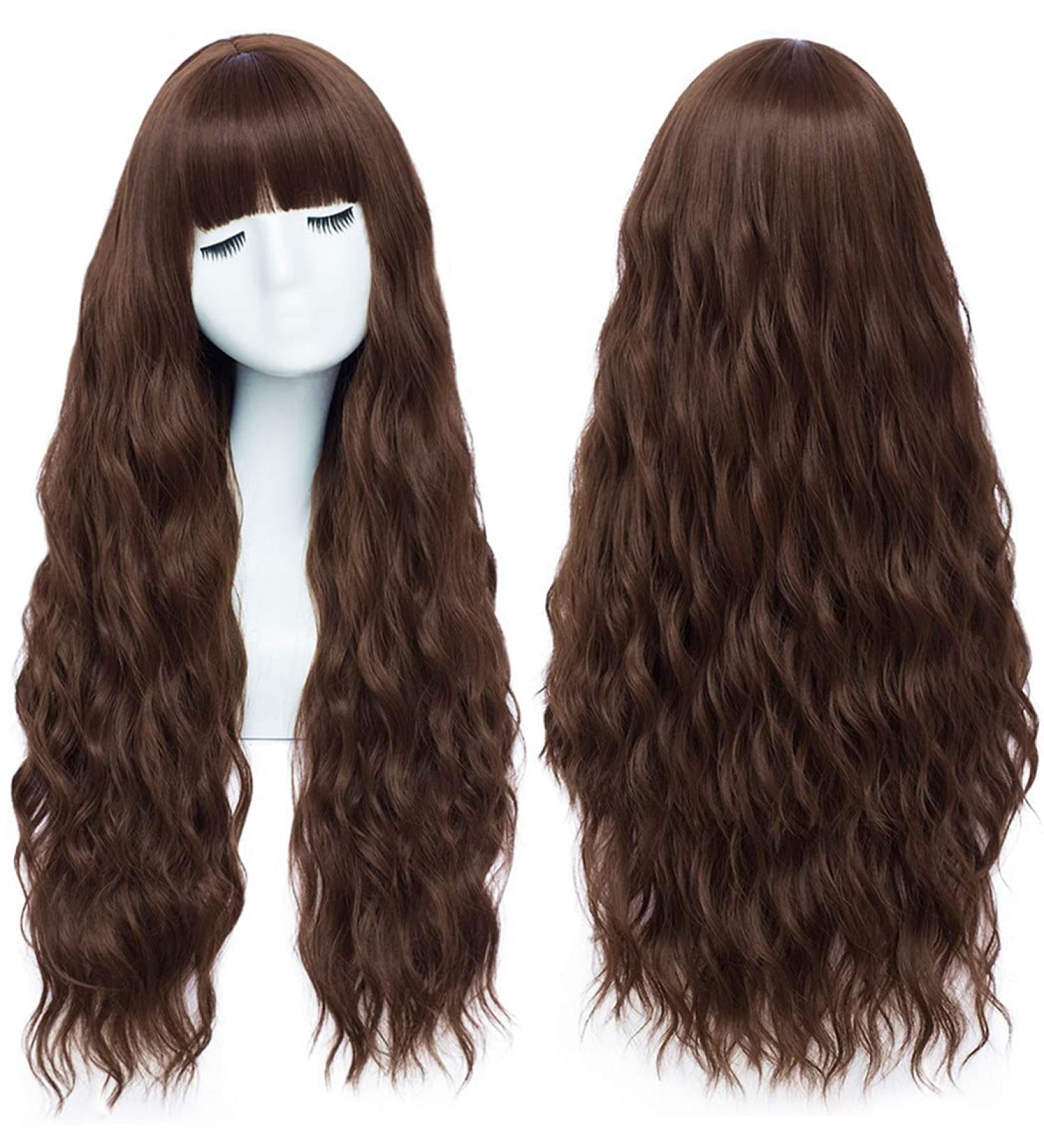 Mildiso 26 Long Curly Brown Wig for Women with Bangs - Natural Cute Hairstyle for Daily, Party & Halloween (M062BR) - Buy Online on GoSupps.com