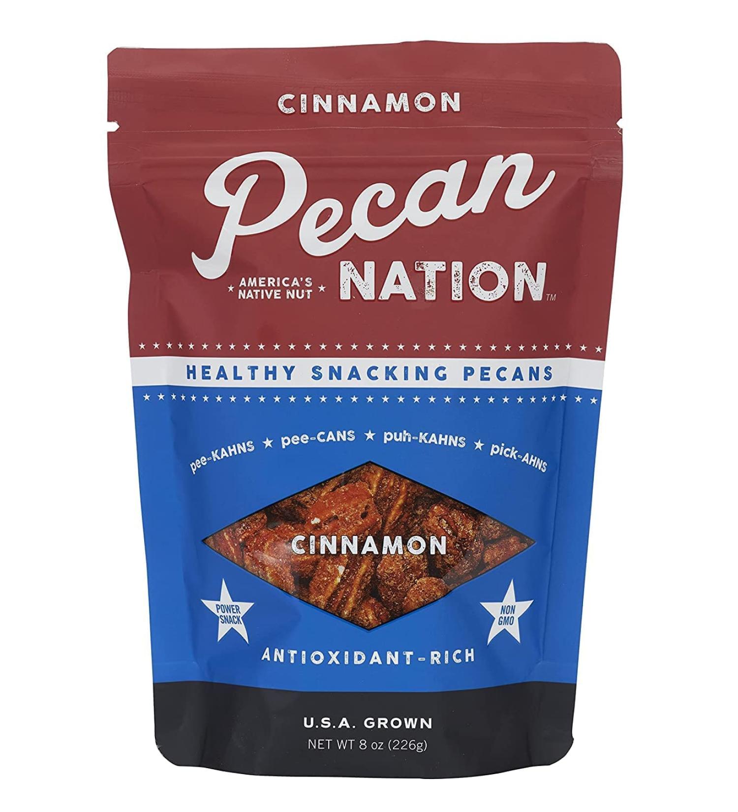 Pecan Nation Cinnamon Flavored Roasted Pecan Halves 8 oz - Natural Antioxidant-Rich Nut Snack, Non-GMO, Preservative-Free - 8 Ounce Pack - Buy Online on GoSupps.com