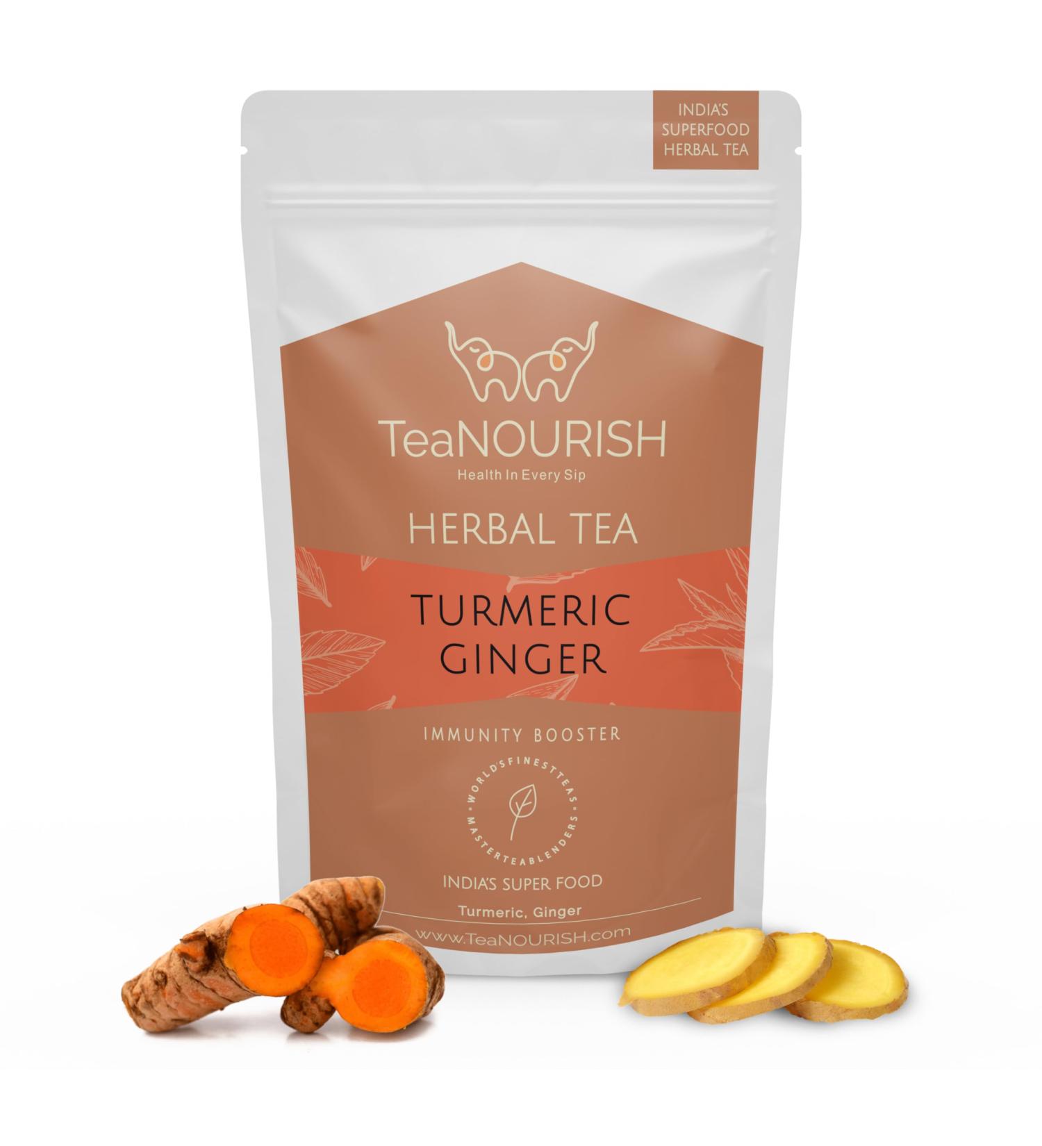 Teanourish Turmeric-Ginger Herbal Tea | Indian Superfoods for Digestion & Immunity | 100% Natural | Stress Relief | 100g Pack - Buy Online on GoSupps.com
