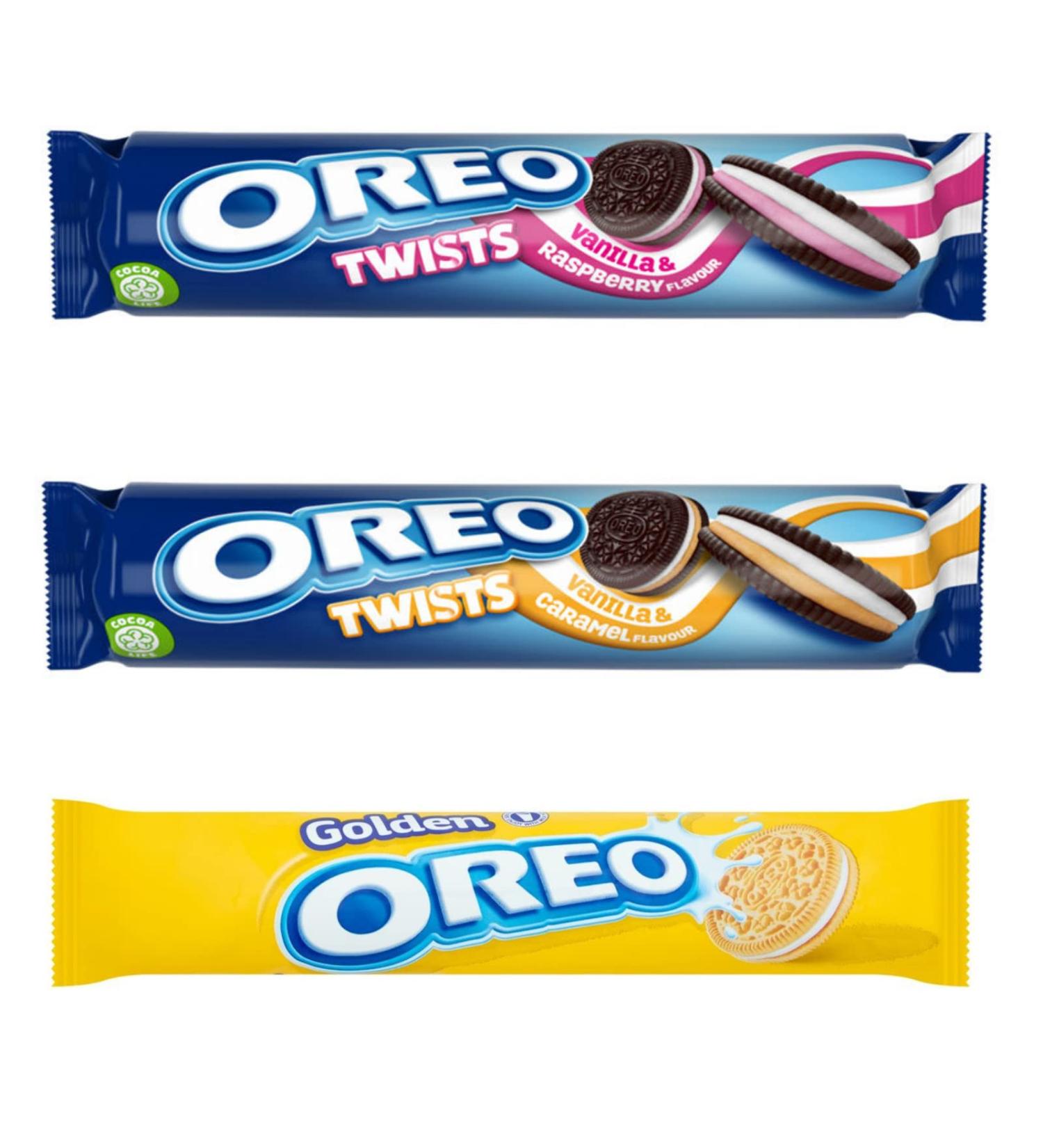 Oreo Twists Vanilla & Caramel Flavour Oreo Twists Vanilla & Raspberry Flavour Oreo Golden Sandwich Biscuits - Buy Online on GoSupps.com