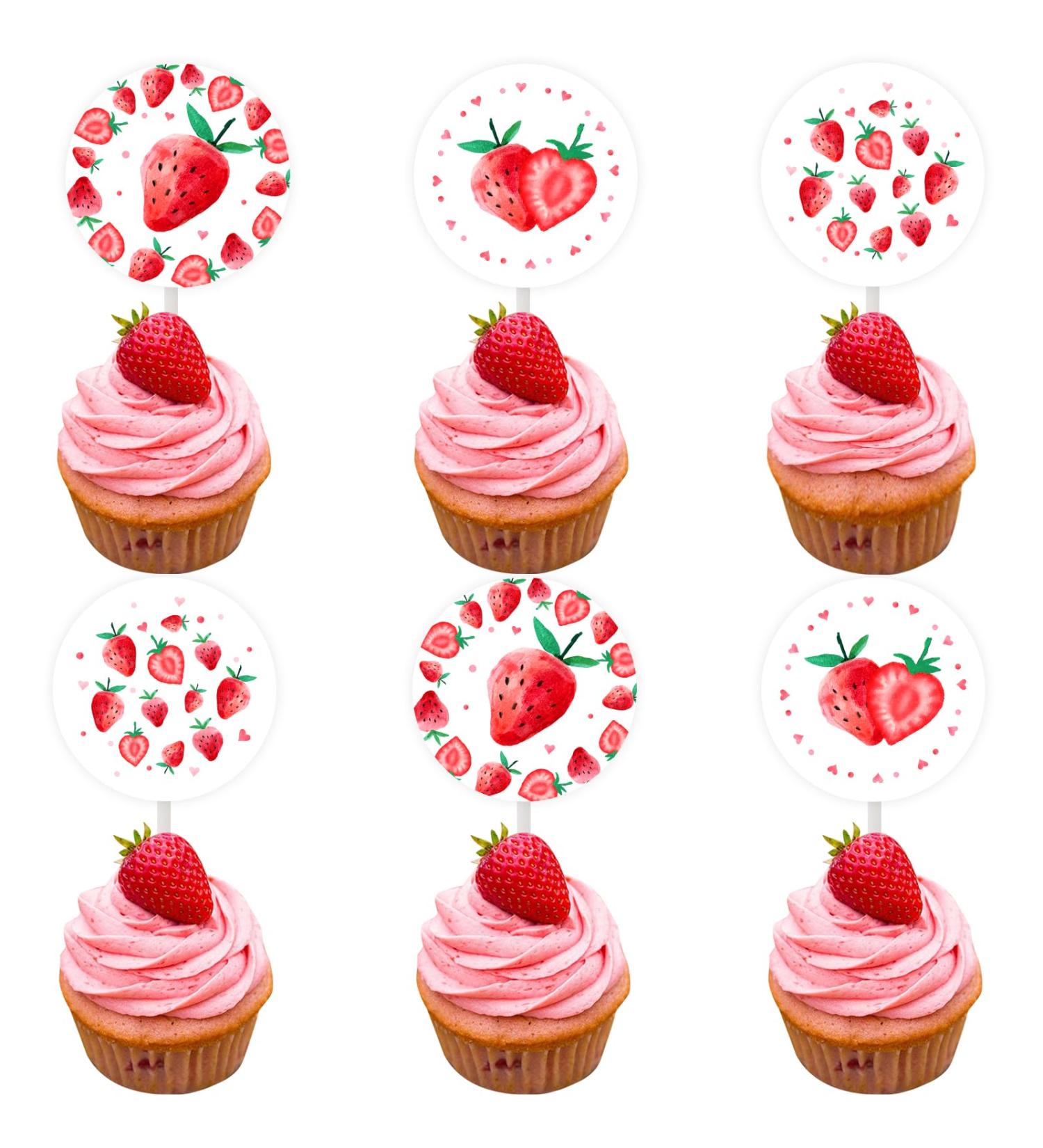 24 Pack Strawberry Cupcake Toppers Strawberry Birthday Baby Shower Summer Fruit Theme Decorations Party Supplies Dessert Ornaments Pink Berry Themed Cake Decors for Girl - Buy Online on GoSupps.com