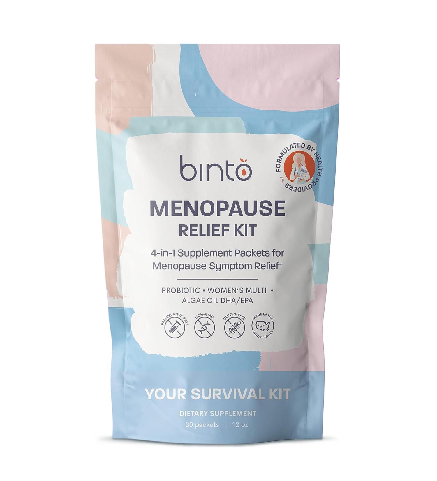 Binto Complete 4-in-1 Multi-Symptom Menopause Relief Kit Supplements - 1 Month Supply - Multivitamins with Omega-3 Ashwagandha and Probiotics/Prebiotic Fiber Blend - Non-GMO - Buy Online on GoSupps.com