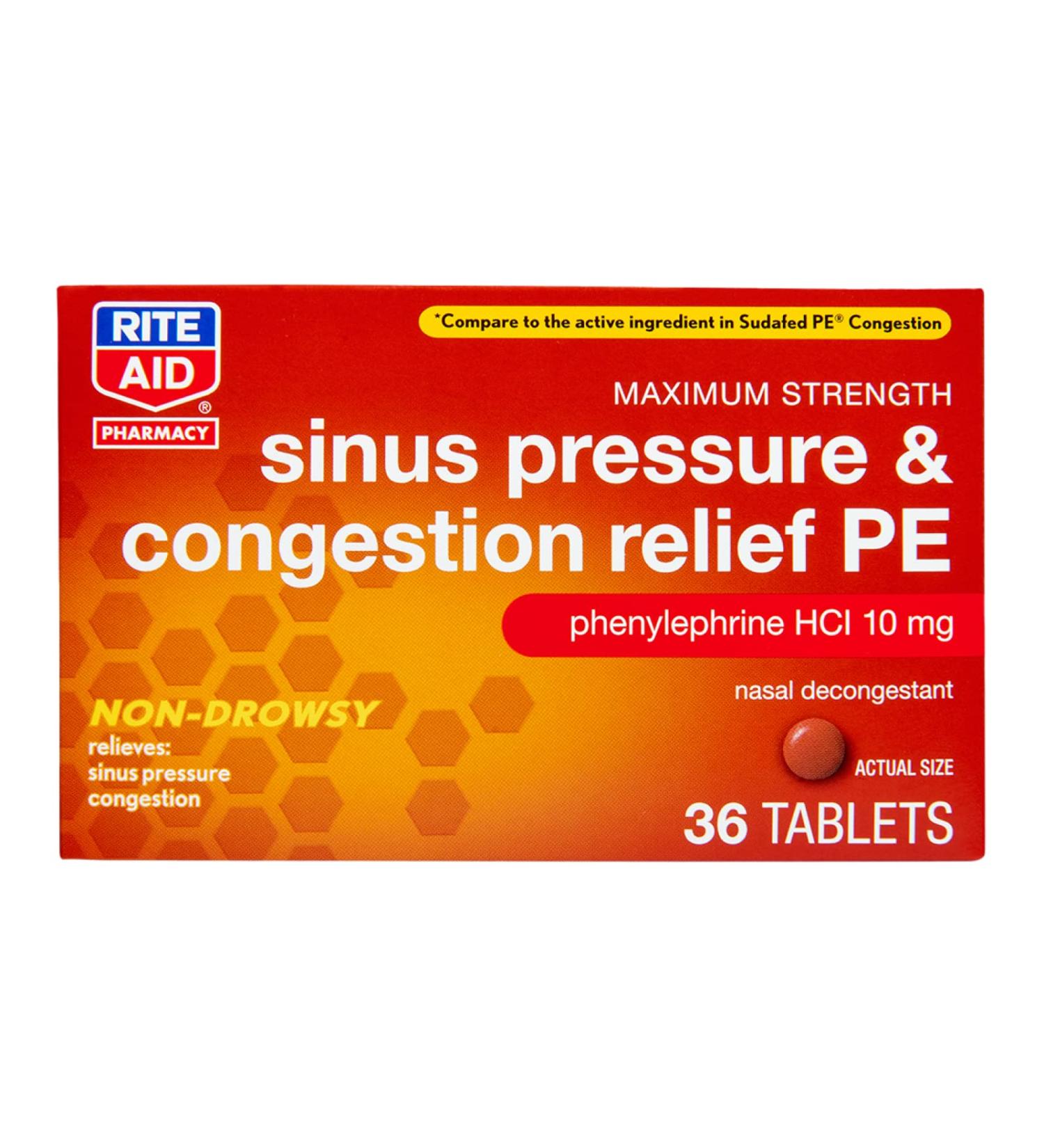 Rite Aid Sinus Pressure & Congestion Relief PE 10mg - 36 Tablets | Non-Drowsy Nasal Decongestant & Allergy Medication | Sinus & Allergy Relief with Mucus Relief - Buy Online on GoSupps.com