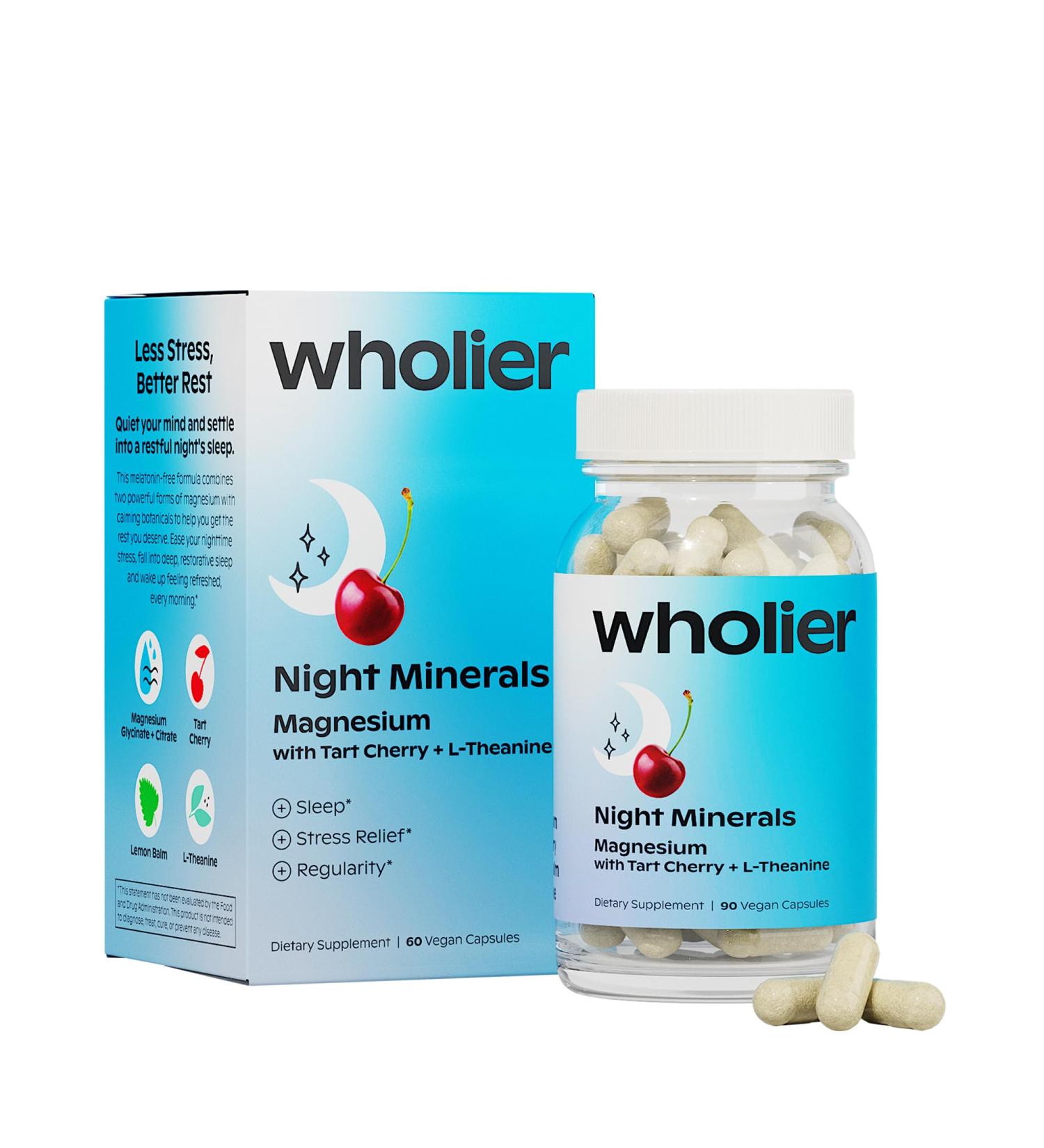 wholier Magnesium Glycinate L-Theanine Tart Cherry Juice. Natural Support for Sleep Stress + Relaxation. Melatonin-Free. Night Minerals. (60 Vegan Capsules) Glass Bottle - Buy Online on GoSupps.com