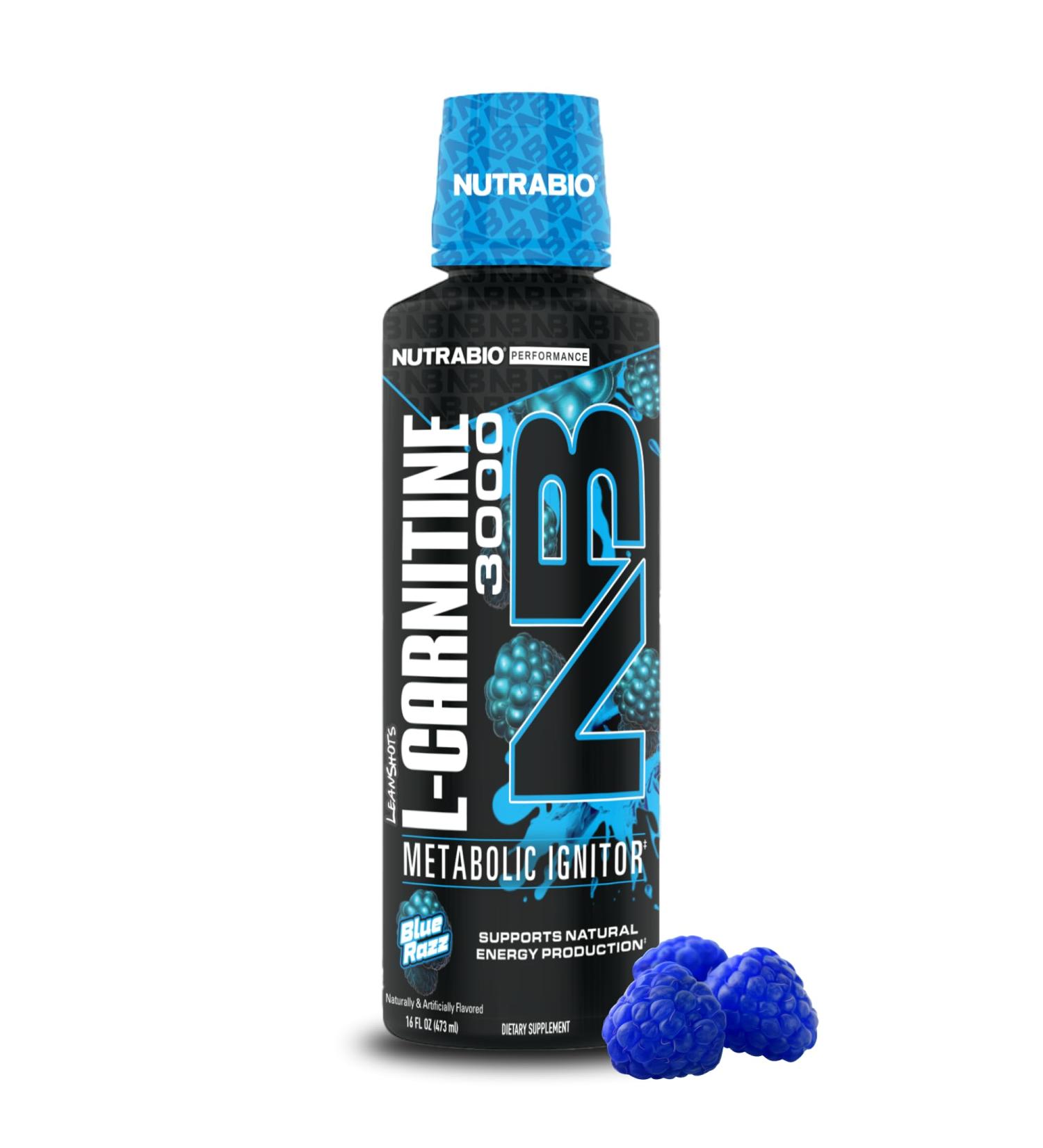NutraBio L-Carnitine Liquid Shots 3000mg (Blue Razz) 10mg of Vitamin B-5 Zero Carbs & Sugars Energy Production Muscle Recovery - Buy Online on GoSupps.com