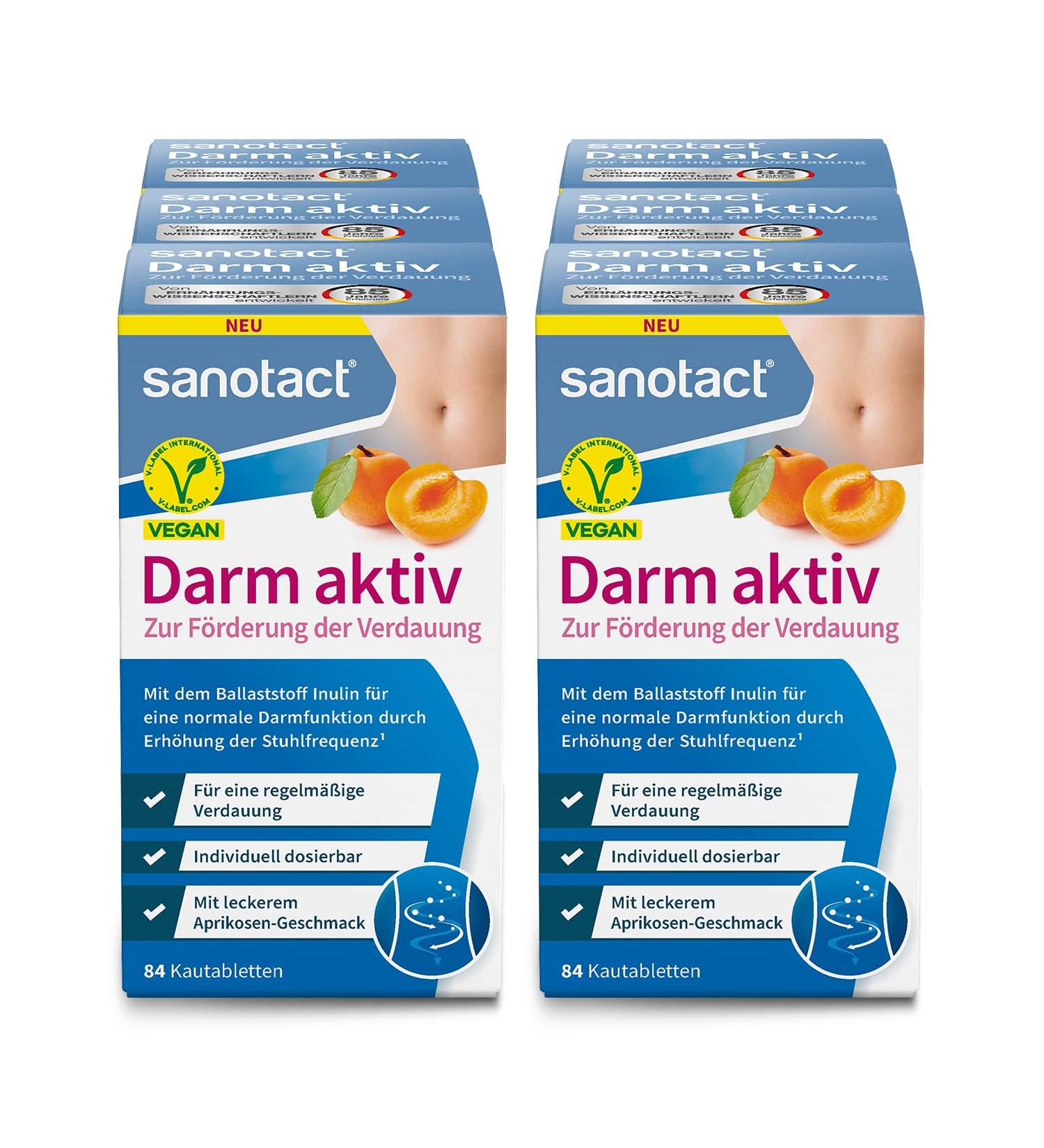 Sanotact Intestine Active - 6 x 84 Chewing Tablets for Digestive Health | 100% Vegan | Natural Fiber & Inulin | Supports Normal Intestinal Function - Buy Online on GoSupps.com