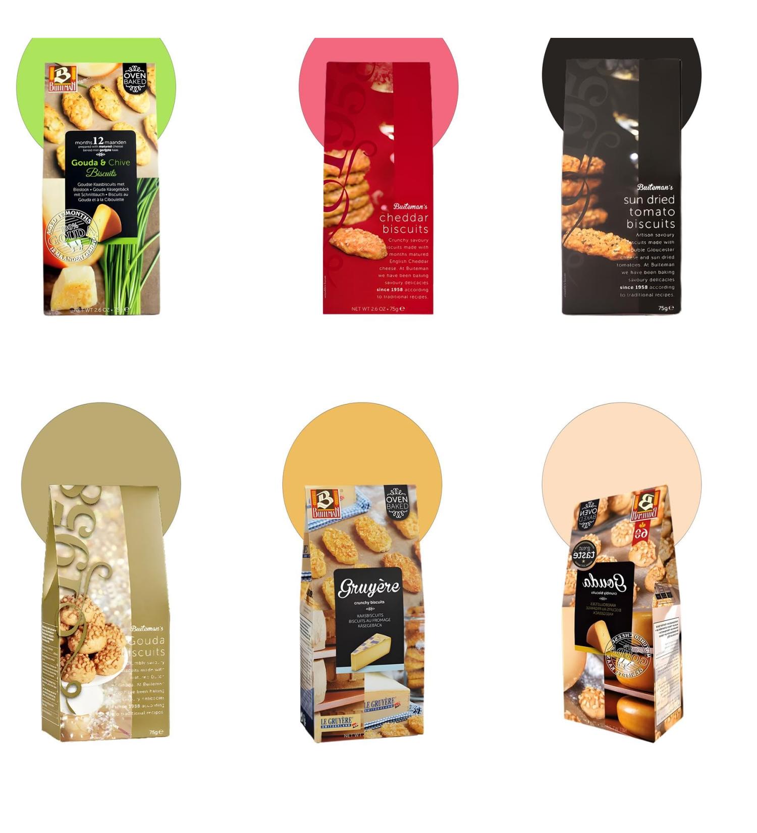 Buiteman Biscuit Cookies Pouch Pick N Mix - Choose From 6 Flavours | Sundried Tomato Baguettes Cheddar Cheese Gouda Cheese Crumbles Gouda & Chive Bites - Pack of 2 x 75g - Buy Online on GoSupps.com
