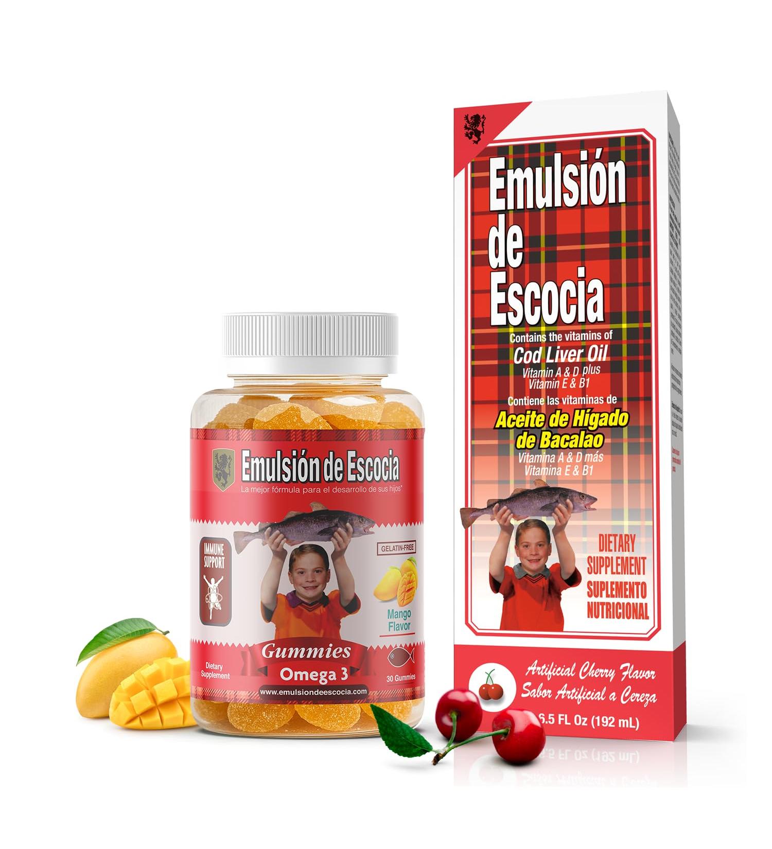 Emulsion de Escocia Kids Immune Bundle Cherry Cod Liver Oil 6.5 Fl Oz + Omega-3 Vitamin Gummies Fish Oil with Vitamins A D E & B1 Immune Support & Growth for Children Great Taste - Buy Online on GoSupps.com