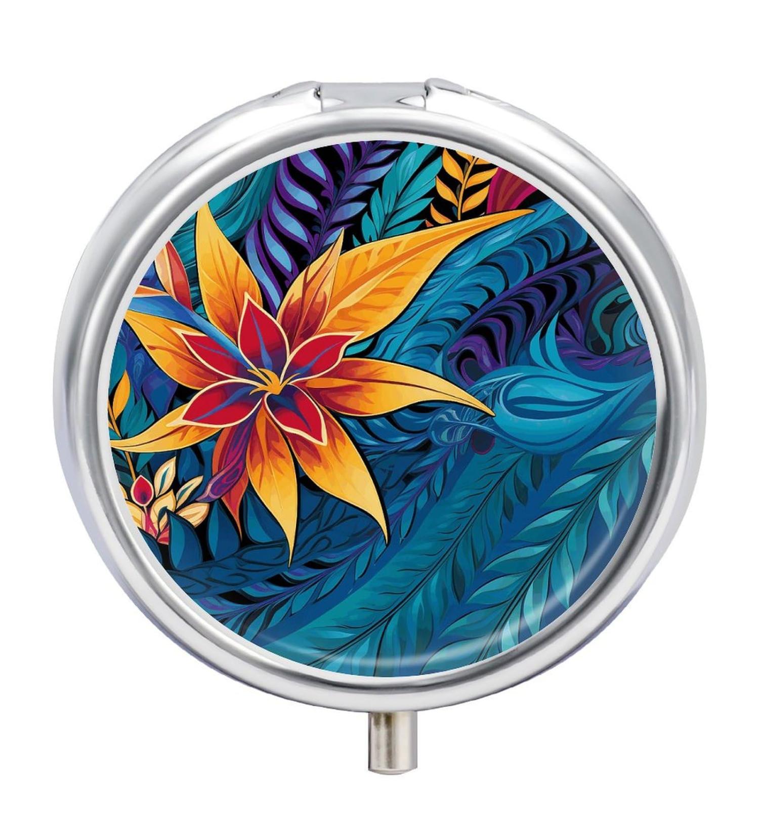 Round Tropical Leaves Pill Box | 3 Compartment Decorative Metal Organizer | Portable Tribal Design - Buy Online on GoSupps.com