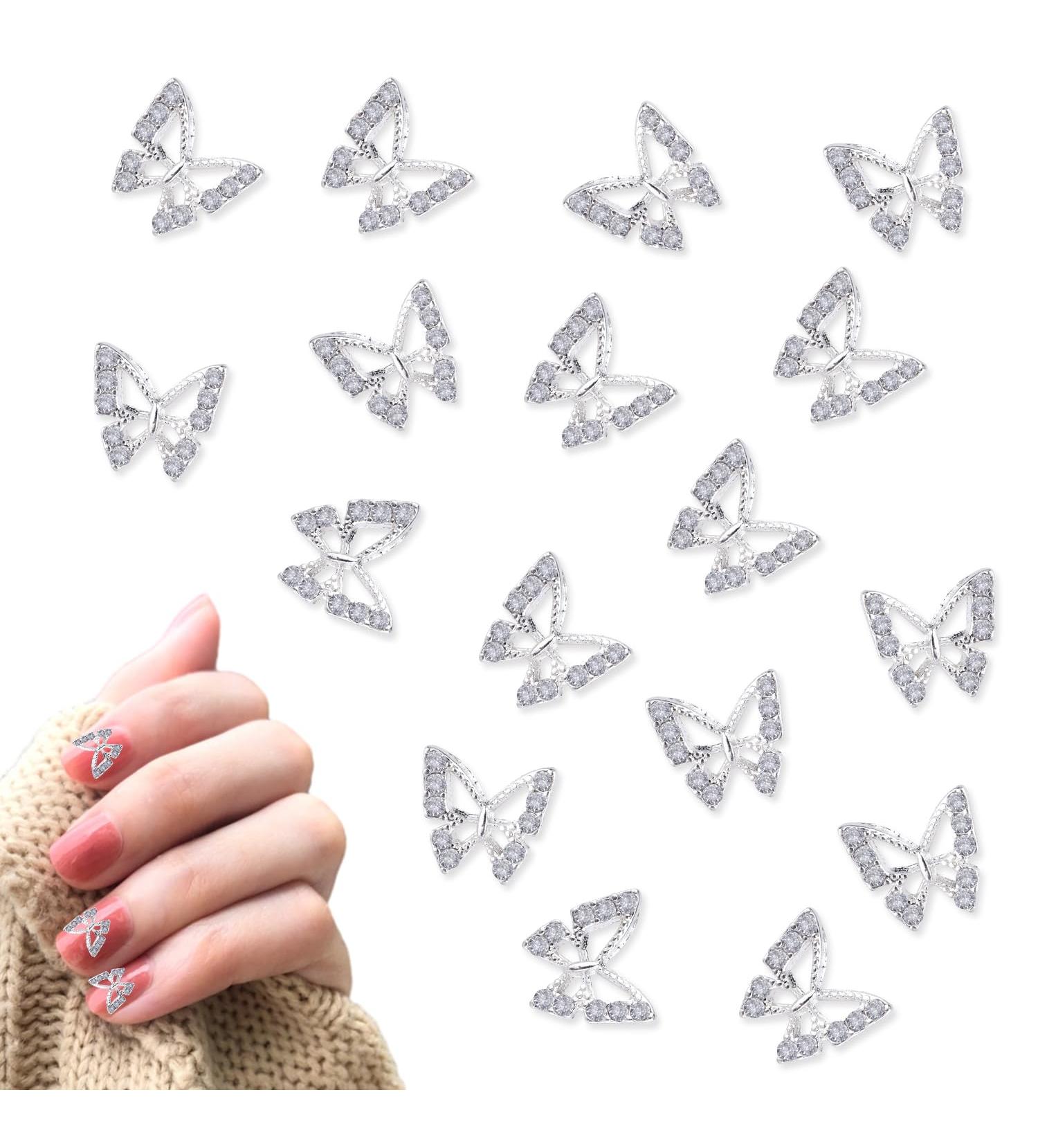 20pcs Butterfly Nail Charms - 3D Metal Alloy Gems for Nail Art - Shiny Crystal Decorations for Girls and Women in Silver - Buy Online on GoSupps.com