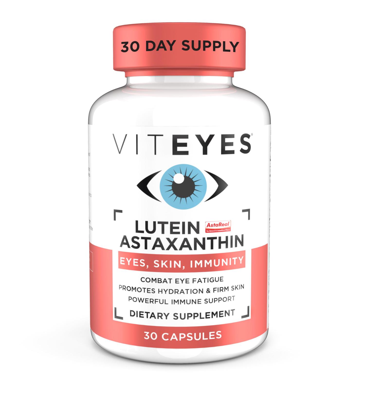 Viteyes Lutein & Astaxanthin Relieve Eye Fatigue, Hydrate & Firm Skin, Blue Light Protection, Immune Support, 20 mg Lutein, 4 mg Astaxanthin, Eye Vitamins, Doctor Trusted Brand, 30 Capsules - Buy Online on GoSupps.com