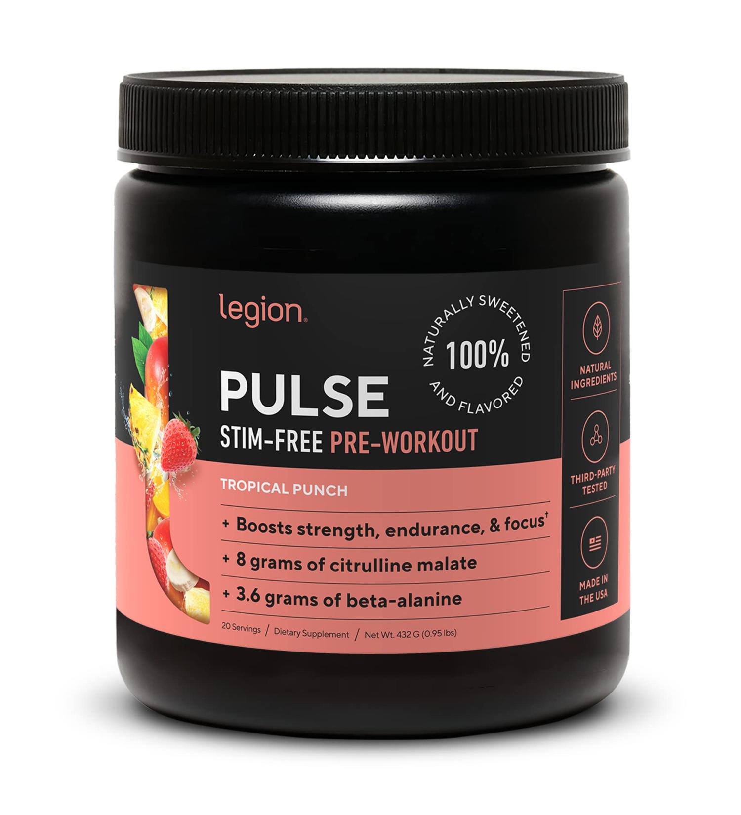 LEGION Pulse Pre Workout Supplement - All Natural Nitric Oxide Booster for Energy with Beta Alanine, Citrulline & Alpha GPC - Caffeine Free Tropical Punch Flavor - Buy Online on GoSupps.com