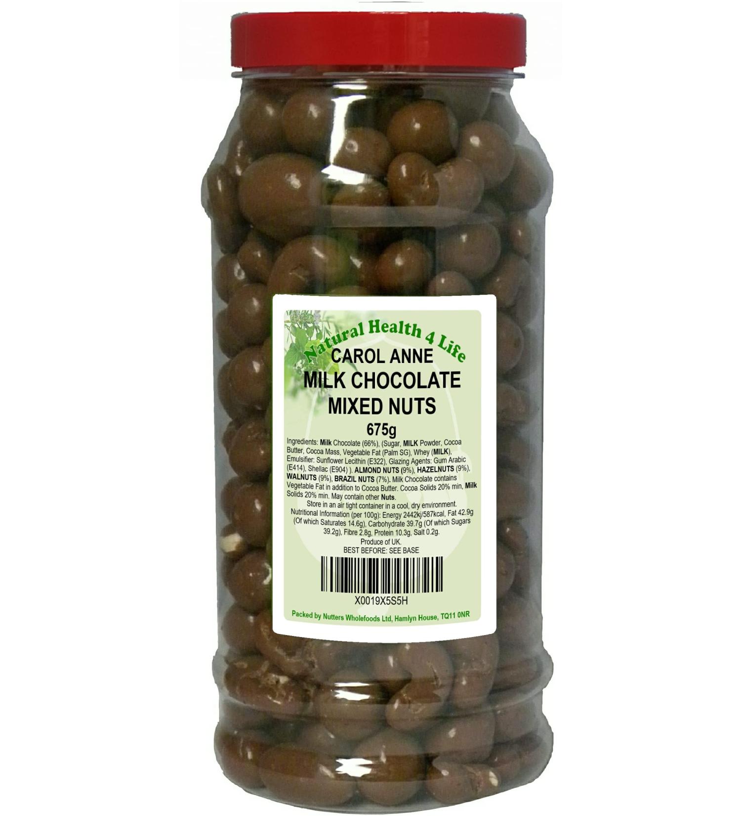 Natural Health 4 Life Carol Anne Confectionery Milk Chocolate Mixed Nuts Almond Nuts (Almonds) Brazil Nuts (Brazils) Hazelnuts Walnuts 675 g in Recyclable Gift Jar (1 Jar) - Buy Online on GoSupps.com