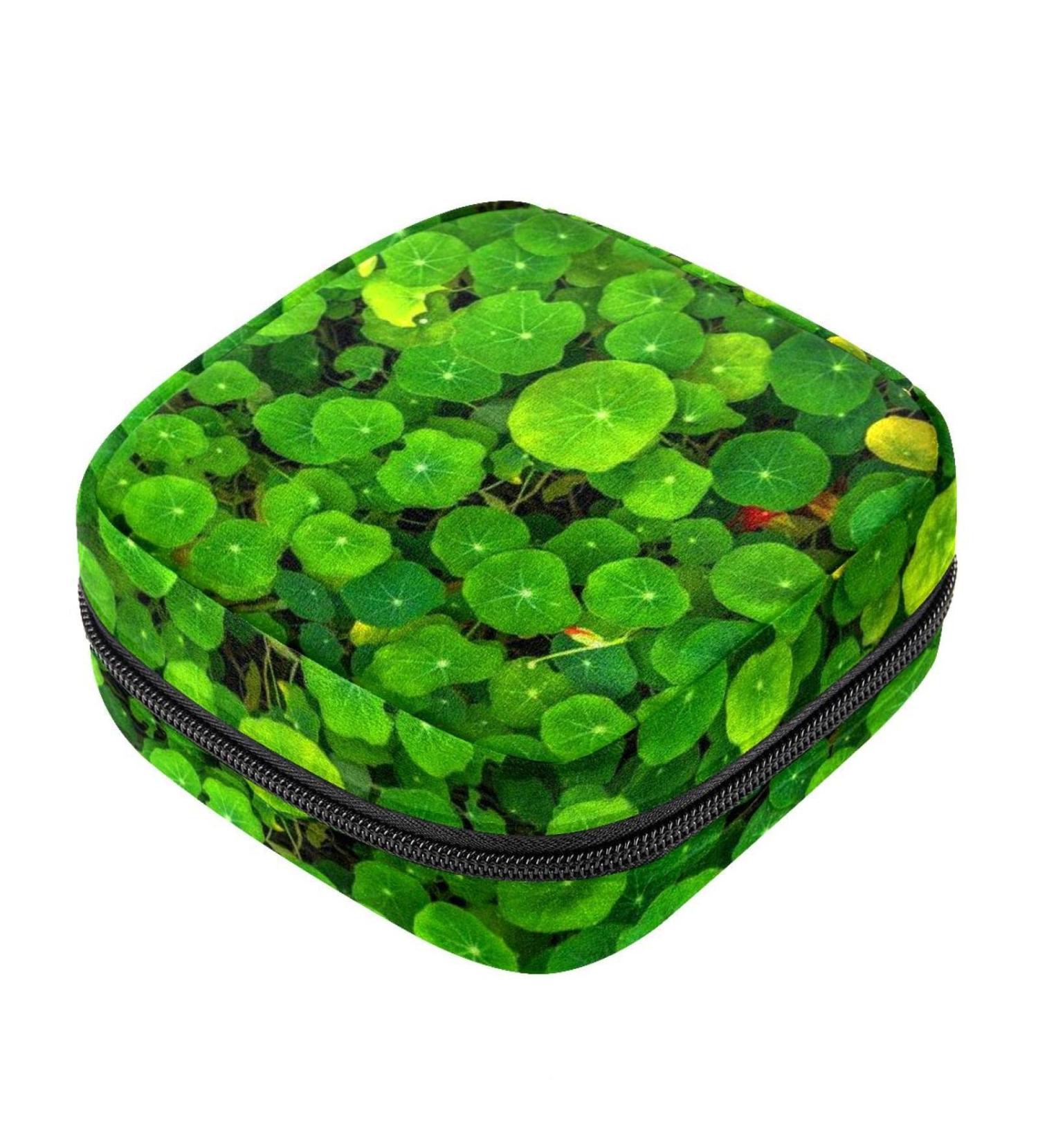 Shop Clover Lucky Green Floral Sanitary Napkin Bag - Portable Menstrual Cup Pocket with Zipper for Women & Teens - International Shipping Available - Buy Online on GoSupps.com