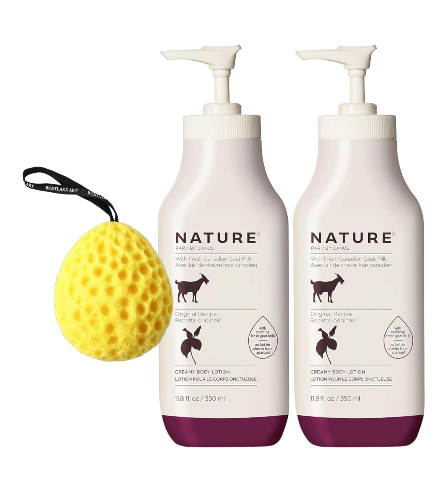 Goat Milk Lotion Bundle with Bath Sponge - Creamy Body Moisturizer Vitamins A & B3 Gentle for All Skin - Pack of 2 - Buy Online on GoSupps.com