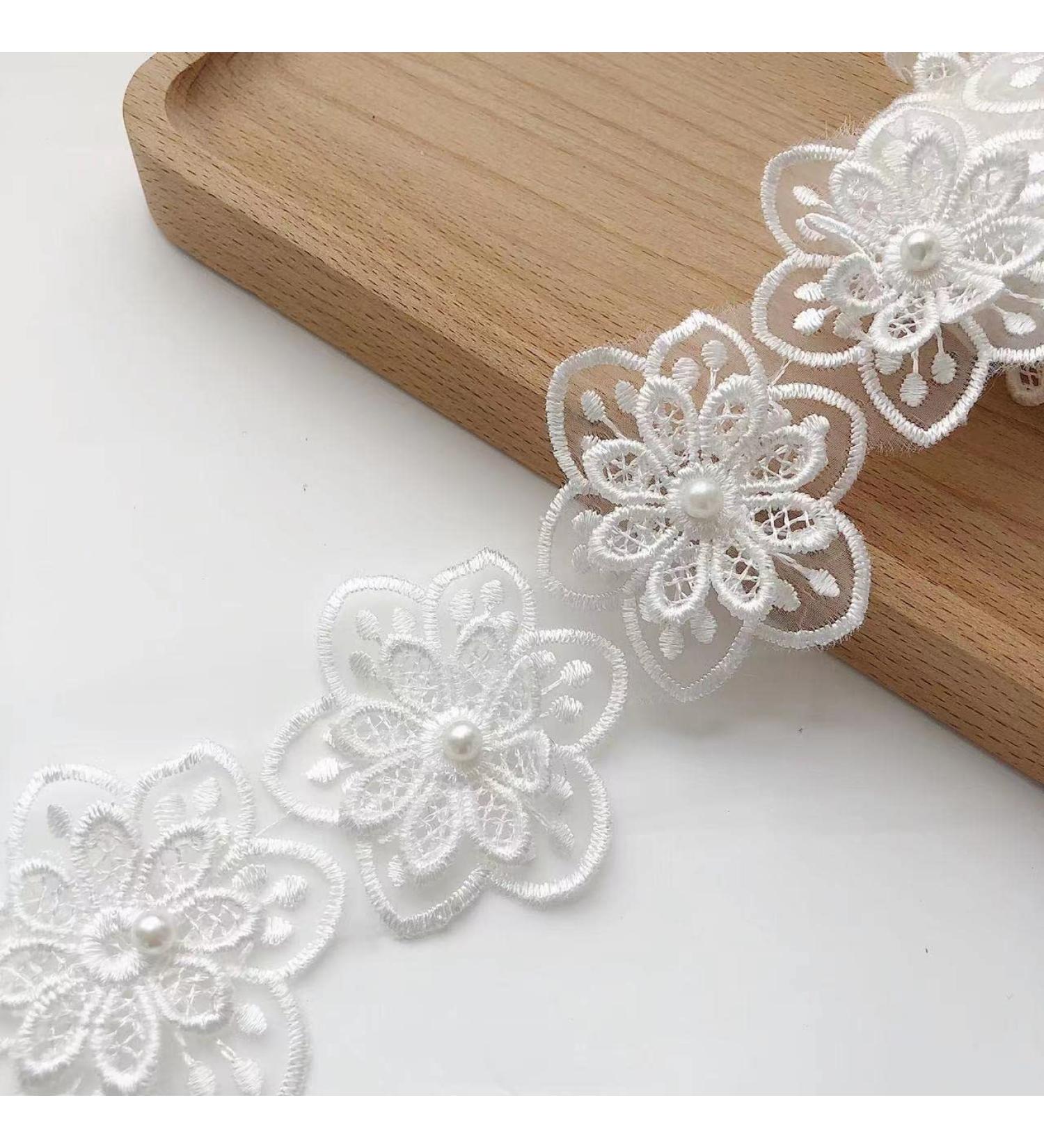 White Wedding Applique Ribbon with Embroidered Flower Lace and Pearl Trim - 3 Yards - Buy Online on GoSupps.com
