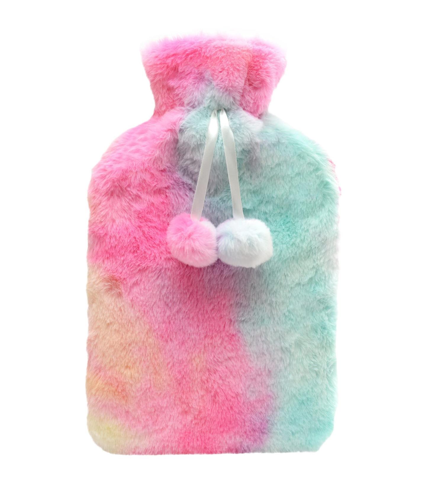 Olivia Rocco Rainbow Tie Dye Faux Fur Hot Water Bottle with Pom Poms - Thermotherapy Plush Fleece Hand & Feet Warmer for Pain Relief - Winter Gift - Buy Online on GoSupps.com