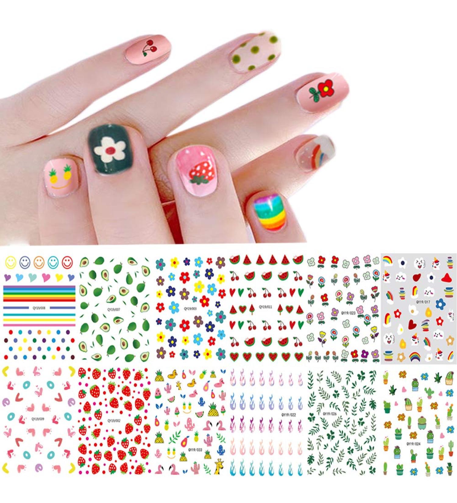 12 Sheets 3D Nail Stickers for Women and Girls - Self-Adhesive DIY Nail Art Set with Flowers, Animals, Fruits - Decals for Woman, Kids - 12 Pack - Buy Online on GoSupps.com