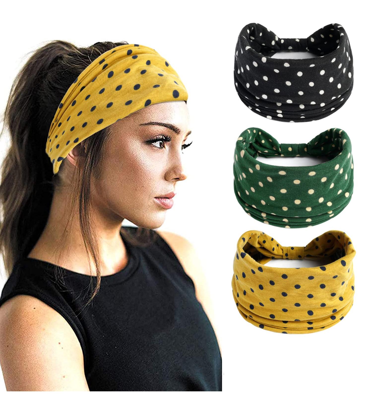 Eyanse Wide Boho Headbands for Women - Vintage Retro Polka Dots - Pack of 3 Head Wraps in Black, Green, Yellow - Buy Online on GoSupps.com