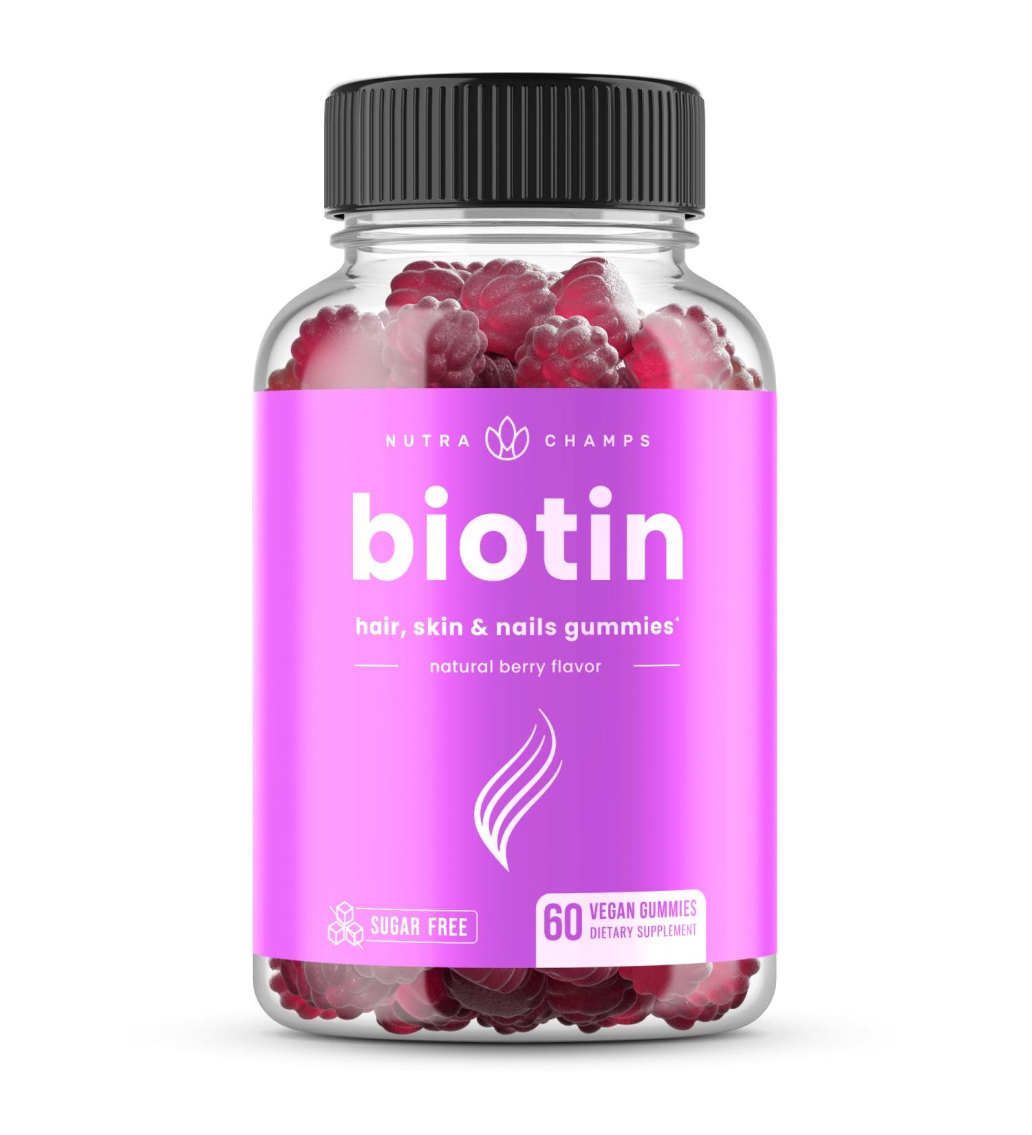 NutraChamps Sugar Free Biotin Gummies 10000mcg High Potency - Healthy Hair, Skin & Nails for Women, Men & Kids - 5000mcg in Each Gummy - Vegan, Non-GMO, Hair Health Vitamins Supplement - Raspberry 60 Count (Pack of 1) - Buy Online on GoSupps.com