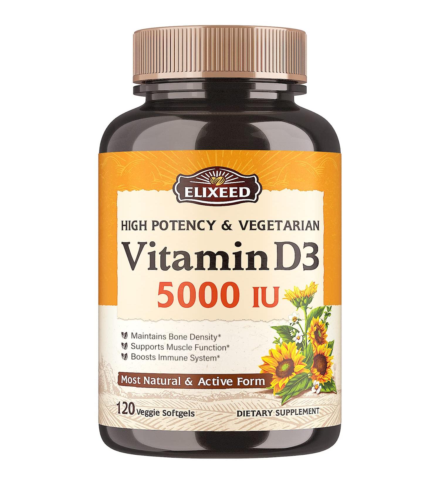 Elixeed Vitamin D3 5000 IU High Potency 120 Veggie Softgels | Bone, Mood & Immune Support | Made in USA | Gluten & Soy Free - Buy Online on GoSupps.com