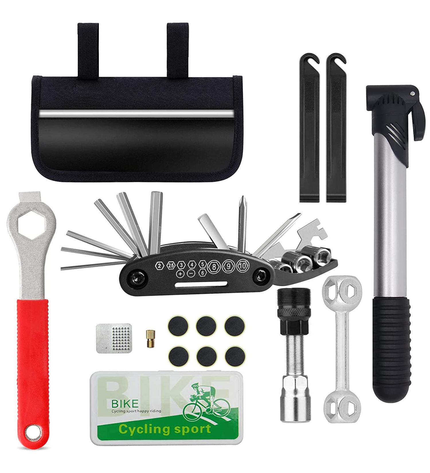 NC Bike Tire Repair Tool Kits - Mini Pump, Puncture Repair Kit, Multi Tool Set, Glueless Patches, Lever, Portable Bag - Emergency All-in-One Tool - Buy Online on GoSupps.com