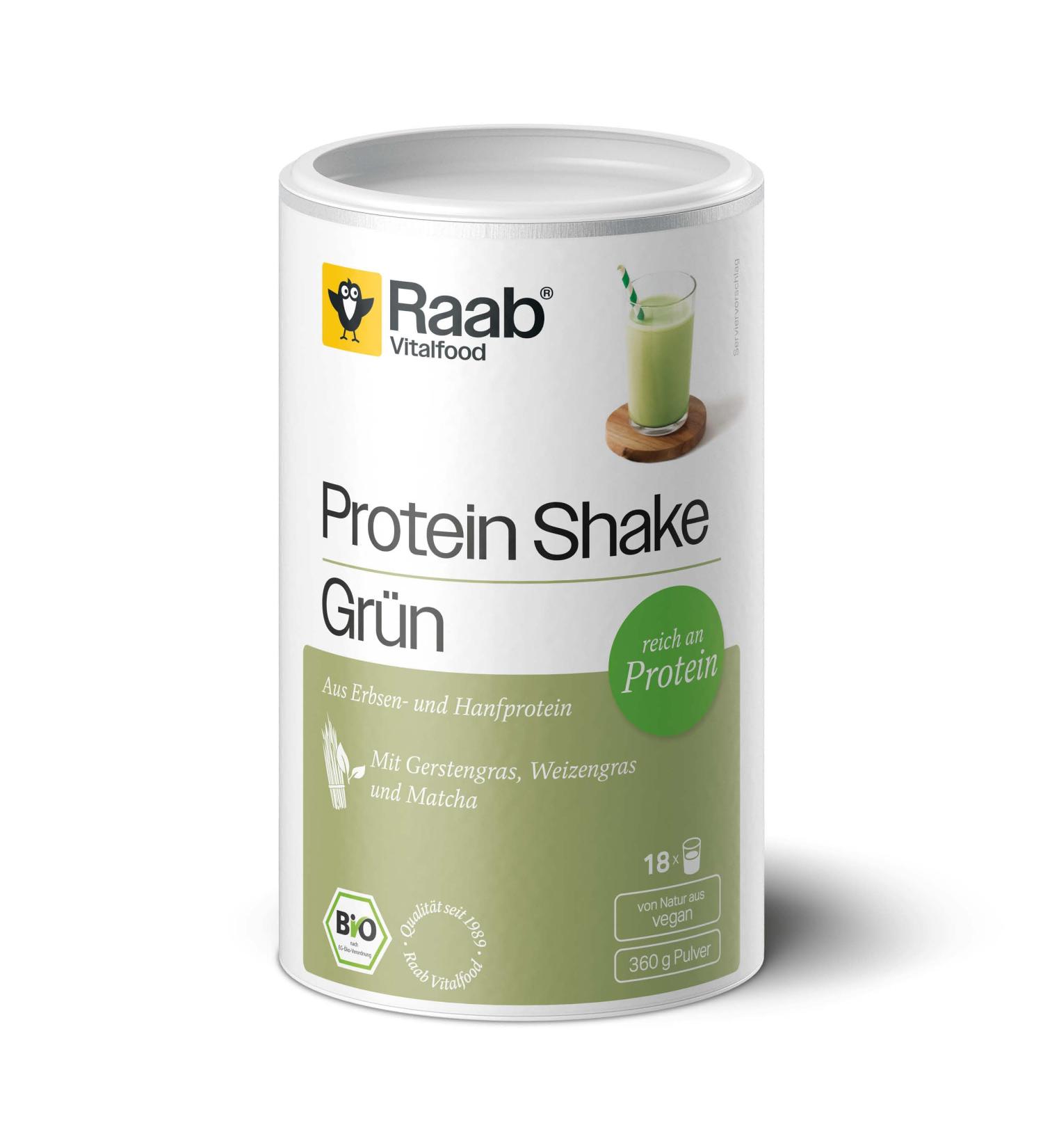 Raab Vitalfood Bio Protein Shake Poudre verte (360 g) Smoothie vert avec herbe d'orge herbe de bl et matcha 60% de prot ines m lange de prot ines de pois et de chanvre v g talien bio - Buy Online on GoSupps.com