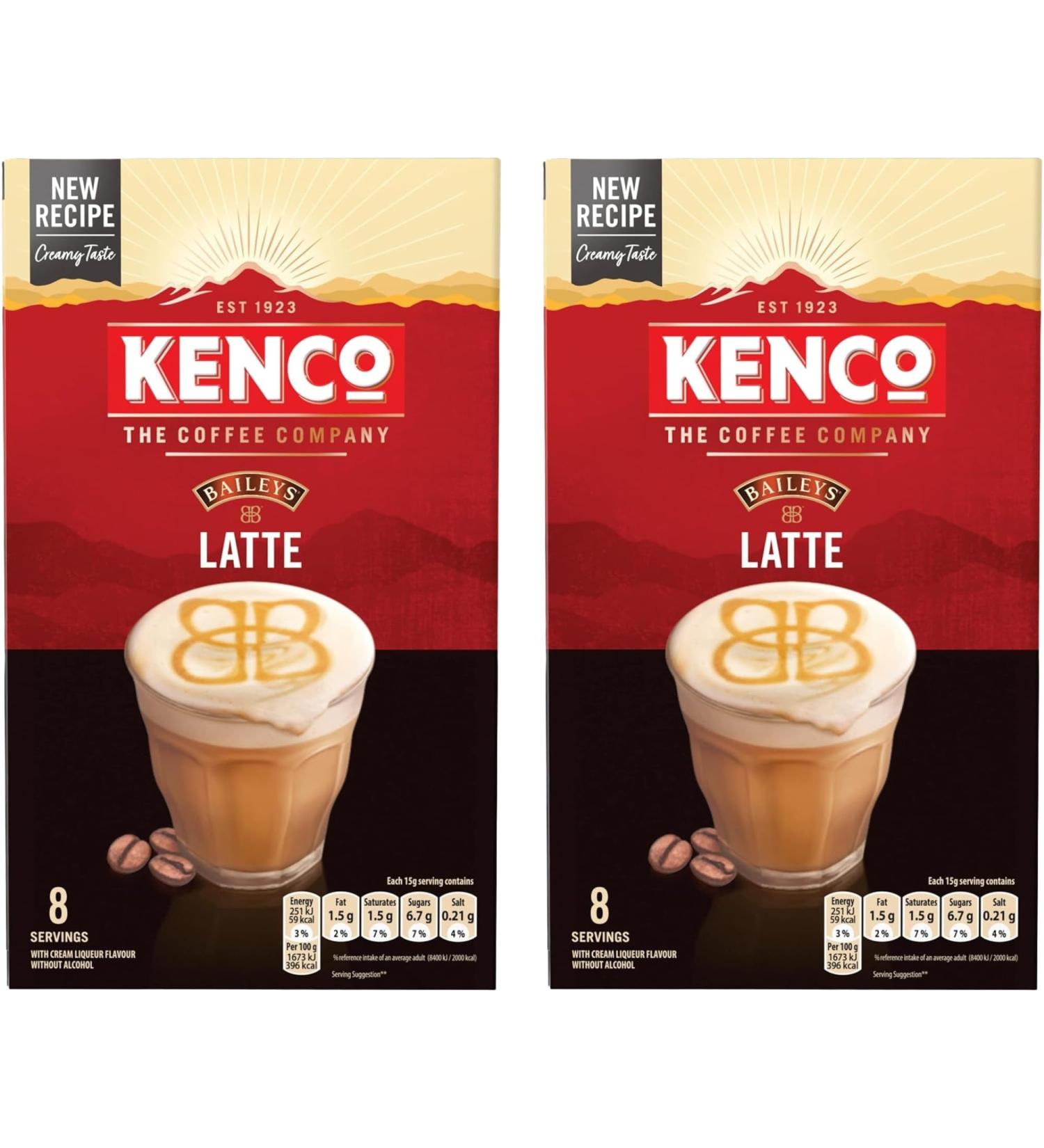Kenco Latte Coffee Sachets Bundle with Baileys Rich Aroma Instant Coffee Total of 16 Individual Sachets (2X8)