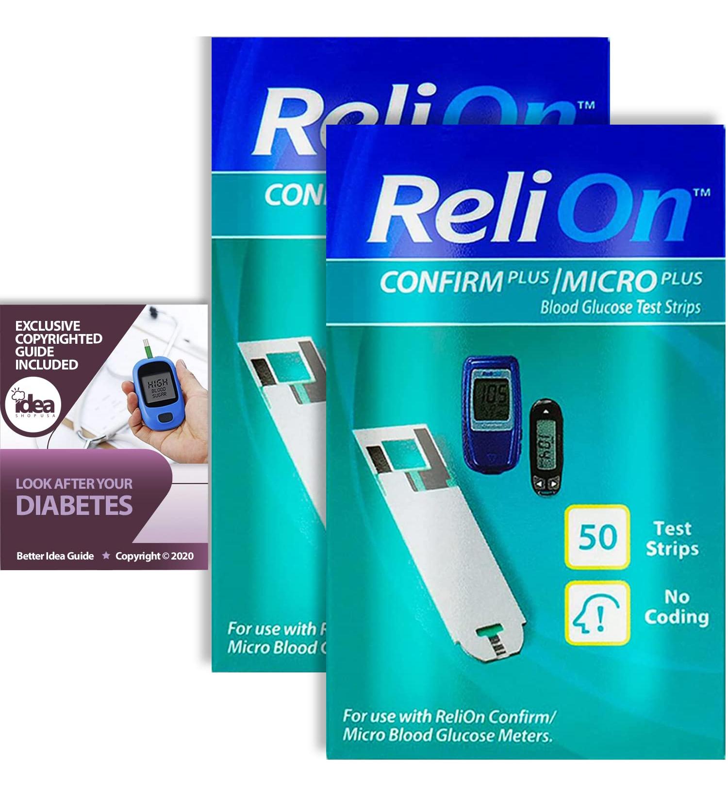ReliOn Confirm Micro Blood Glucose Test Strips 50 Ct (2 Pack) Bundle + Exclusive Diabetes Care Guide - 100 Count - Buy Online on GoSupps.com