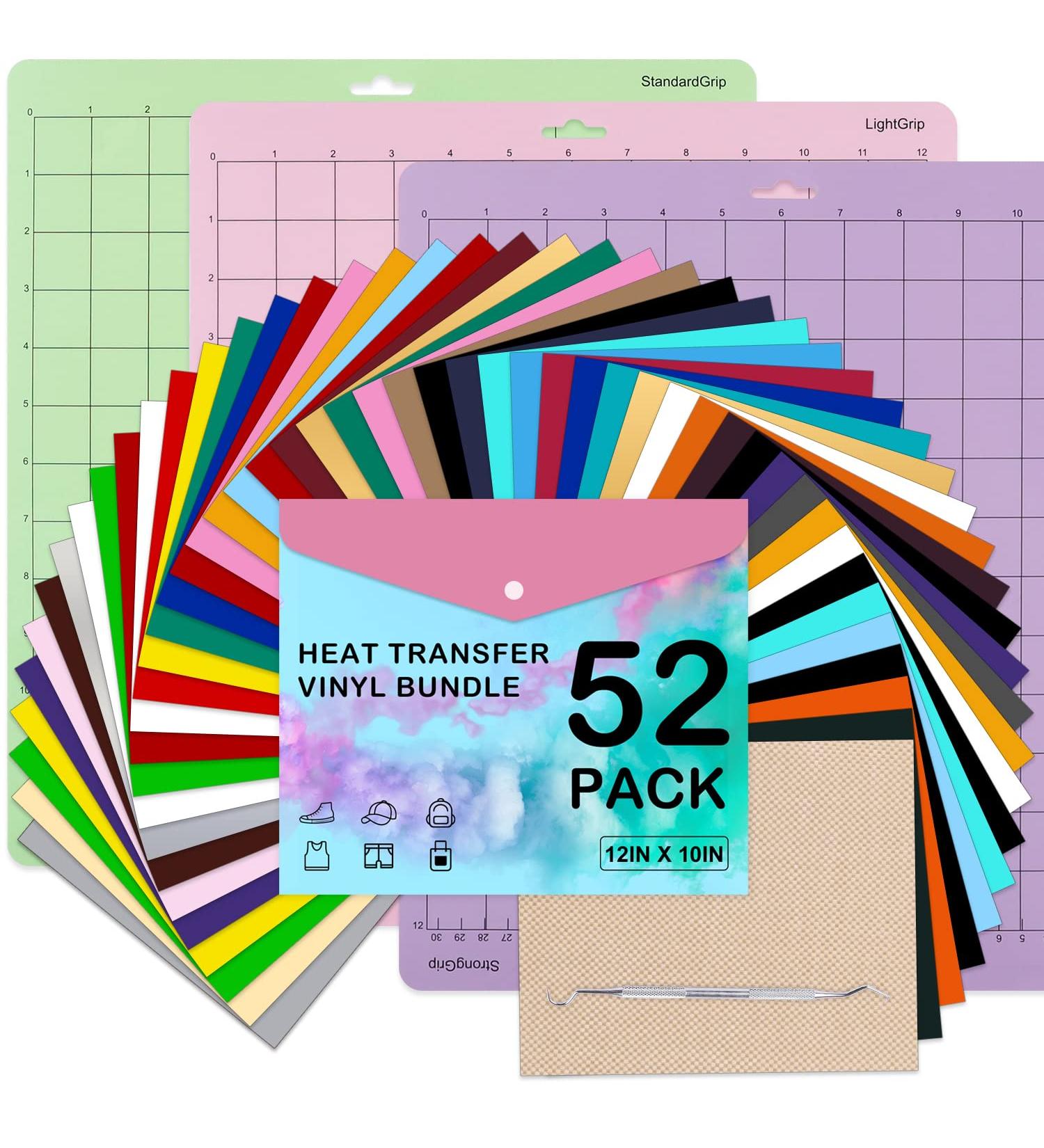 FURWEY HTV Heat Transfer Vinyl Bundle - 52 Pack - 12 x 10 - Iron on Vinyl for T-Shirt - 30 Assorted Colors with Accessories - Includes Tweezers and Vinyl Sheets - Buy Online on GoSupps.com
