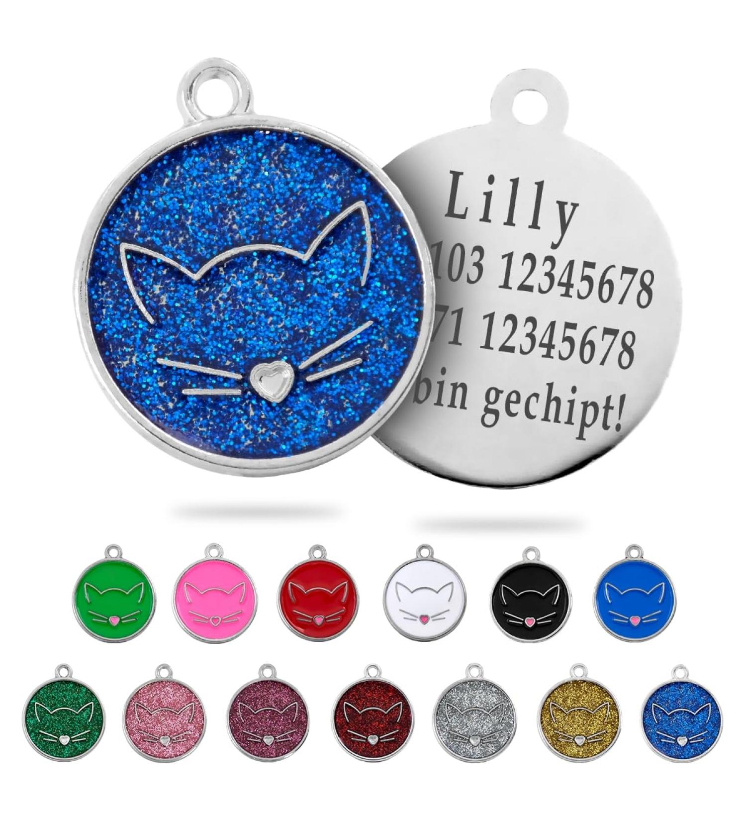 Personalized Ibera Gifts for Medium to Large Cats - Round Shape Cat Collar with Engraved Name & Address | Blue Glitter Design - Buy Online on GoSupps.com