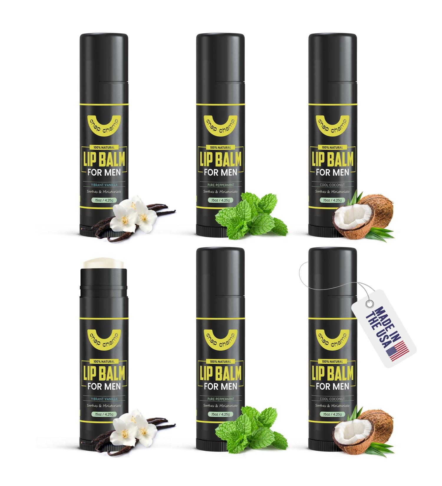 ChapChamp Lip Balm for Men - Great Stocking Stuffer - Vitamin E and Beeswax - Chapstick for Men - Peppermint Coconut & Vanilla Lip Balm - Made in the USA (USDA Organic 5 Pack) - Buy Online on GoSupps.com