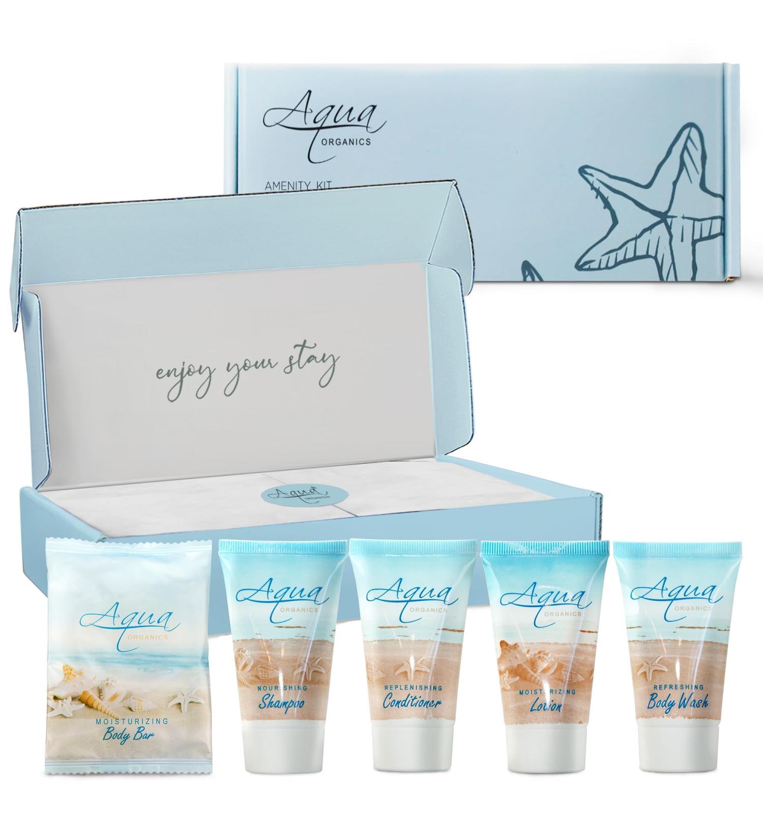 Shoppe All-In-Kit: Aqua Organics Hotel Toiletries Set | 1oz Travel Size Shampoo Conditioner Lotion Body Wash & Bar Soap | Ideal for Guest Hospitality AirBnB & Vacation Rentals | Bulk 5-Piece Pack - Buy Online on GoSupps.com