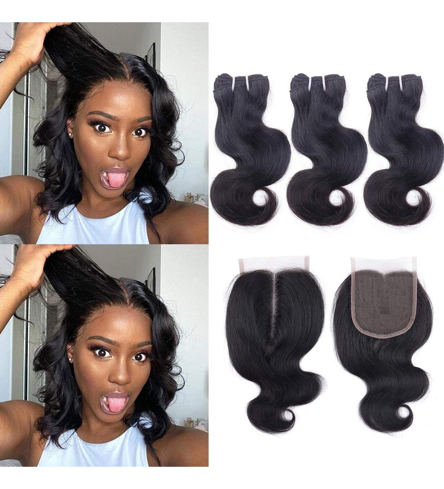 10A Brazilian Body Wave Virgin Hair Bundles with Closure | Wet N Wavy Short Bob 3 Bundles + Closure | Middle T Part | 10 10 10 + 10 | 50g/Bundles - Buy Online on GoSupps.com