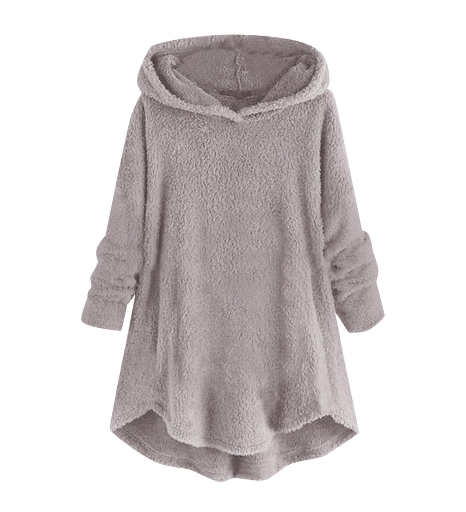 Hanxiulin Women's Fleece Plush Jacket - Warm Hooded Winter Parka Fluffy Zippered Long Down Coat for Outdoor Comfort - Gray - Buy Online on GoSupps.com