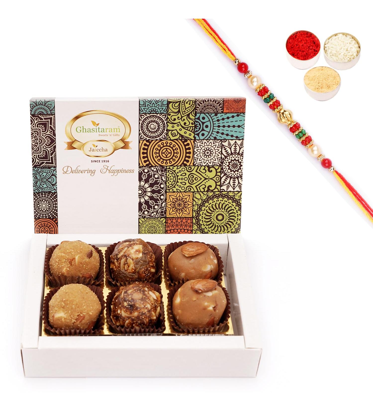 Ghasitaram Gifts Jaiccha Rakhi Gifts for Brothers - Assorted laddoos Box 6 Pcs with Pearl Beads Rakhi - Buy Online on GoSupps.com