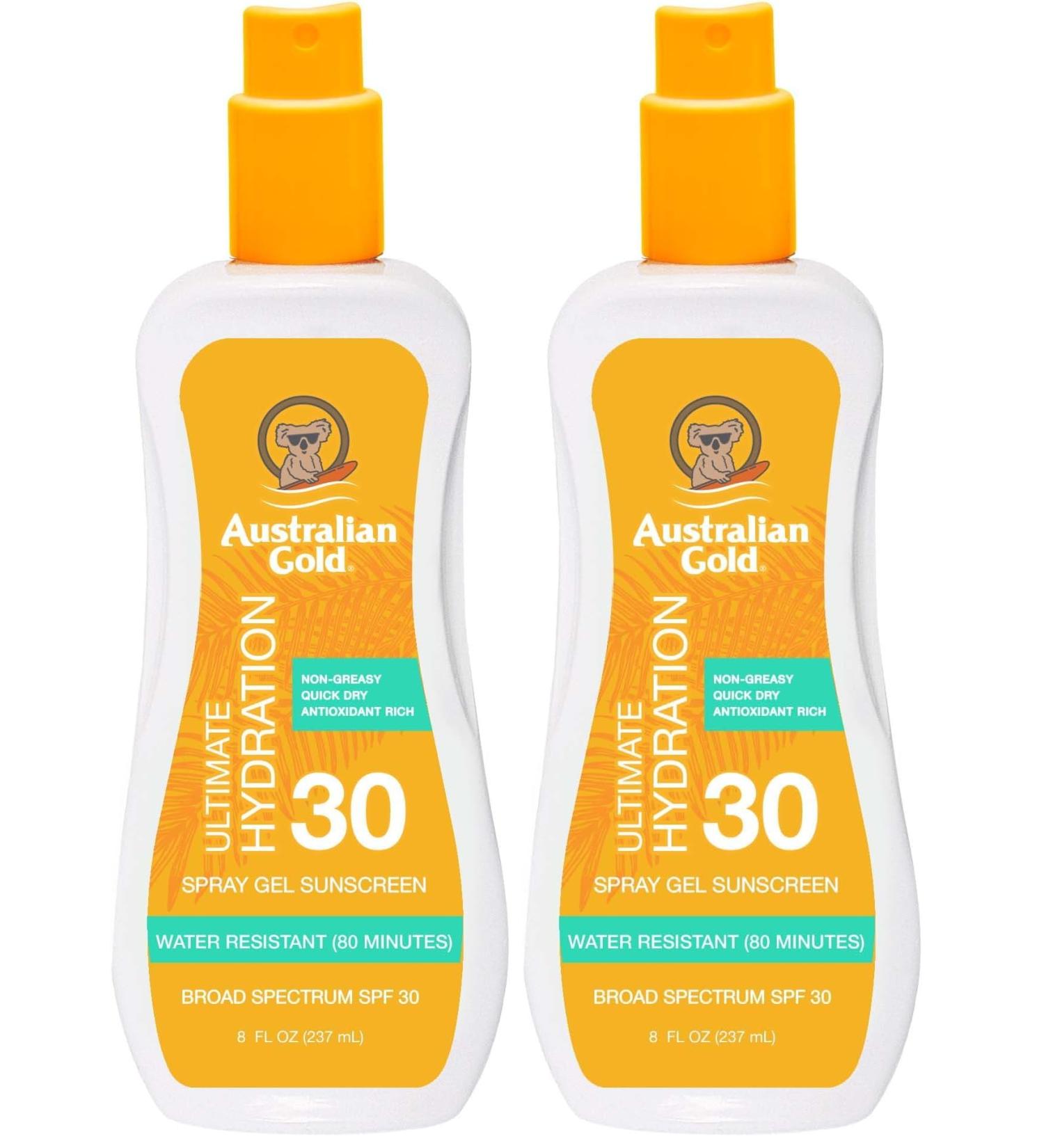 Australian Gold Spray Gel Sunscreen Moisturize Hydrate Skin Broad Spectrum Water Resistant NonGreasyc Oxybenzone Free Cruelty Free SPF 30 Coconut 8 Ounce (A70892) (Pack of 2) - Buy Online on GoSupps.com