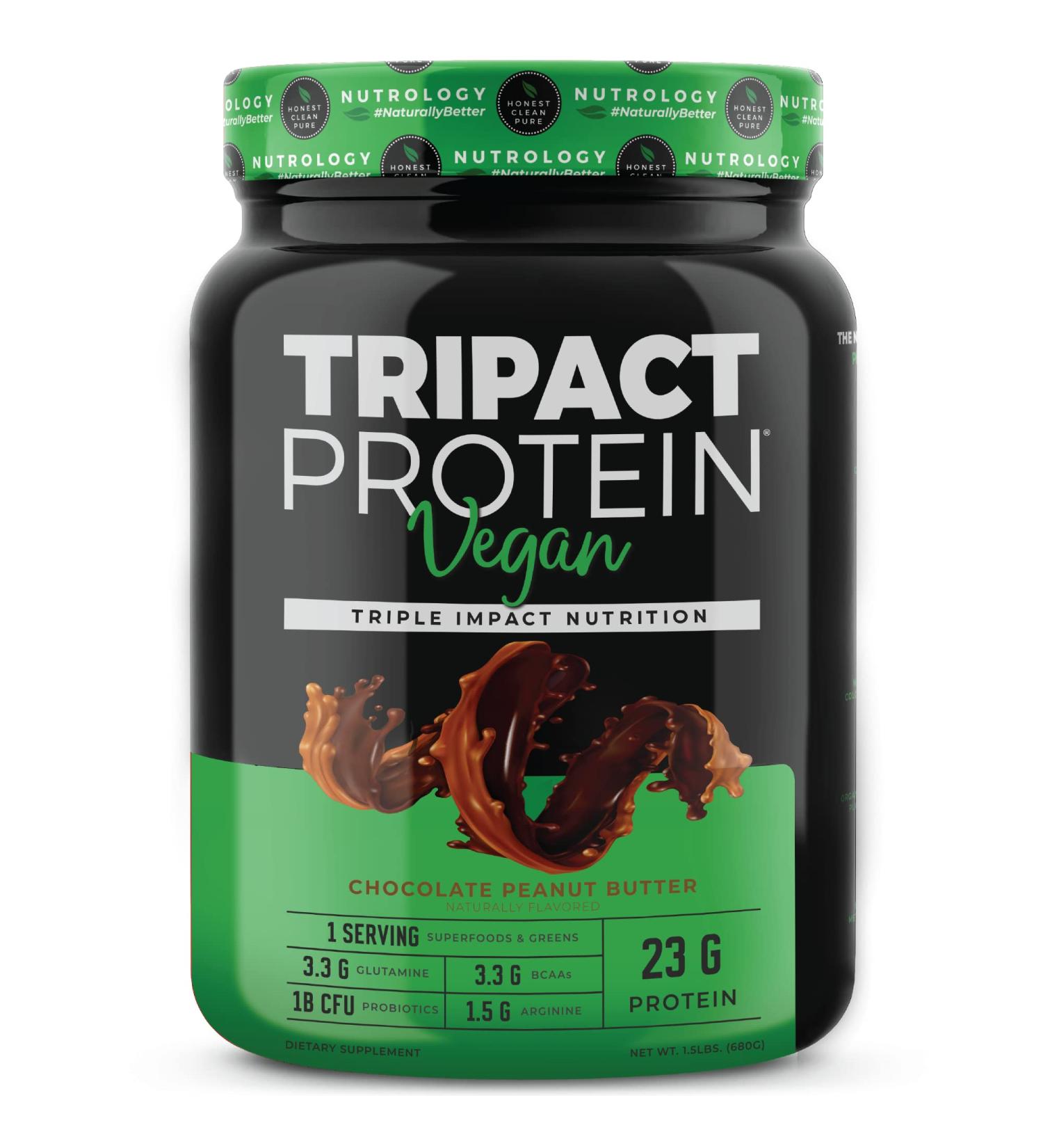 Tripact Vegan Chocolate Peanut Butter Protein Powder - Non-GMO Organic Plant Based Superfoods with Probiotics, BCAAs & Glutamine - 20 Servings - Buy Online on GoSupps.com