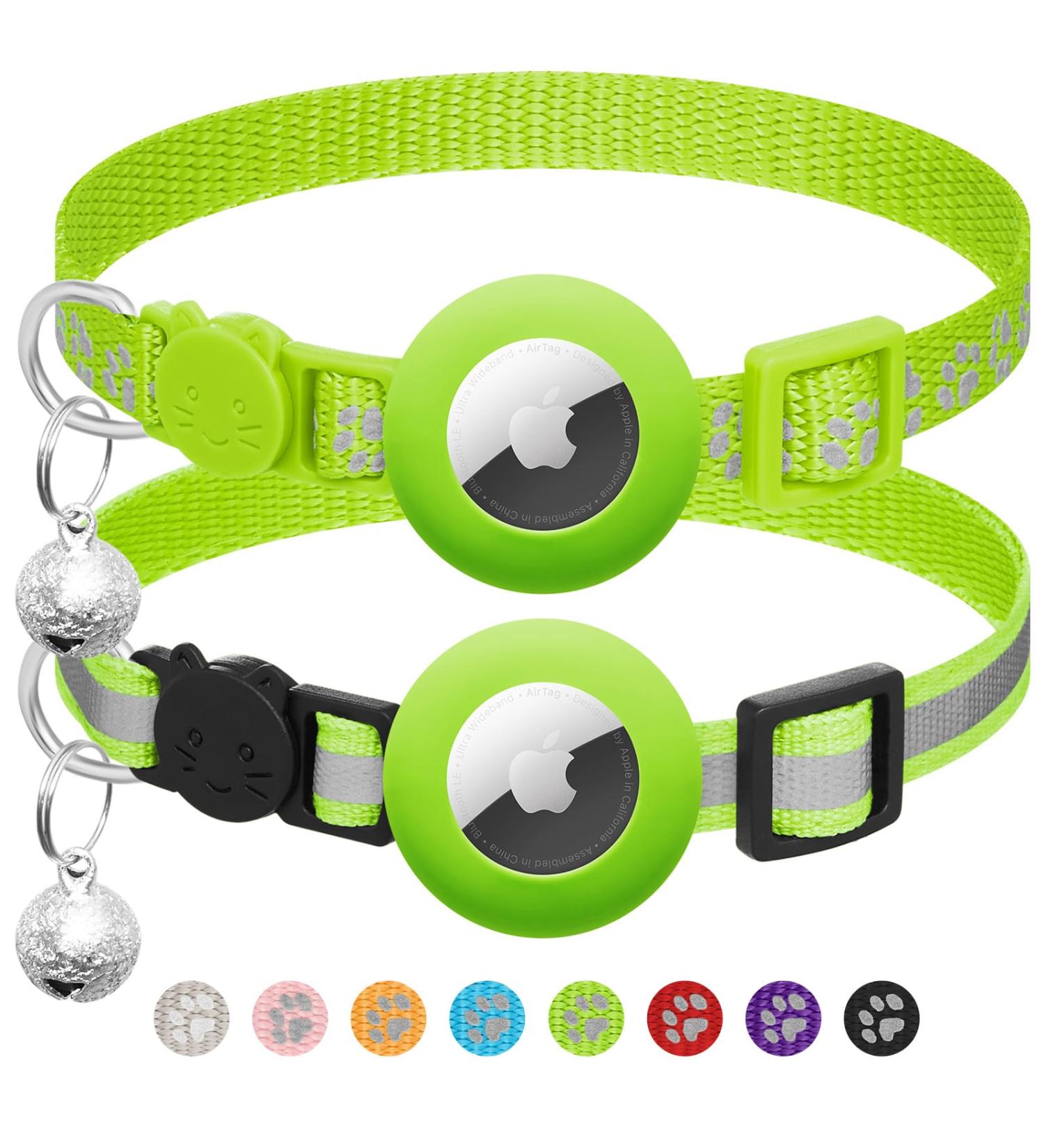Reflective Airtag Cat Collar with Bell - Adjustable Kitten Neck Band Safety Buckle Green | International Shipping - Buy Online on GoSupps.com
