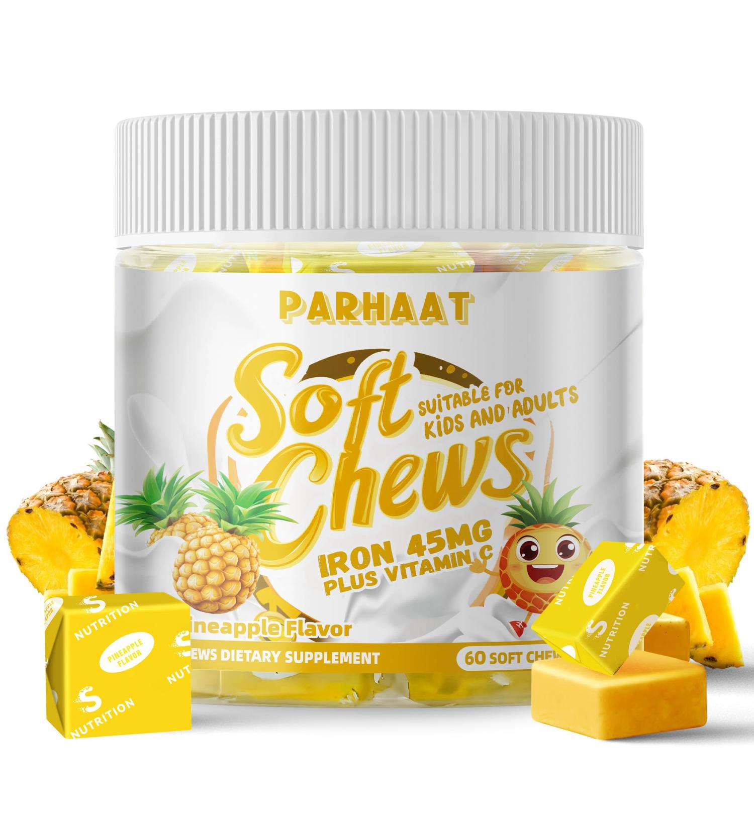 Iron Soft Chew Supplement with Vitamin C | Pineapple Flavored | Gluten Free | Iron Supplement for Women Men and Kids | 60 Count | 2 Month Supply Pineapple 60 Count (Pack of 1) - Buy Online on GoSupps.com
