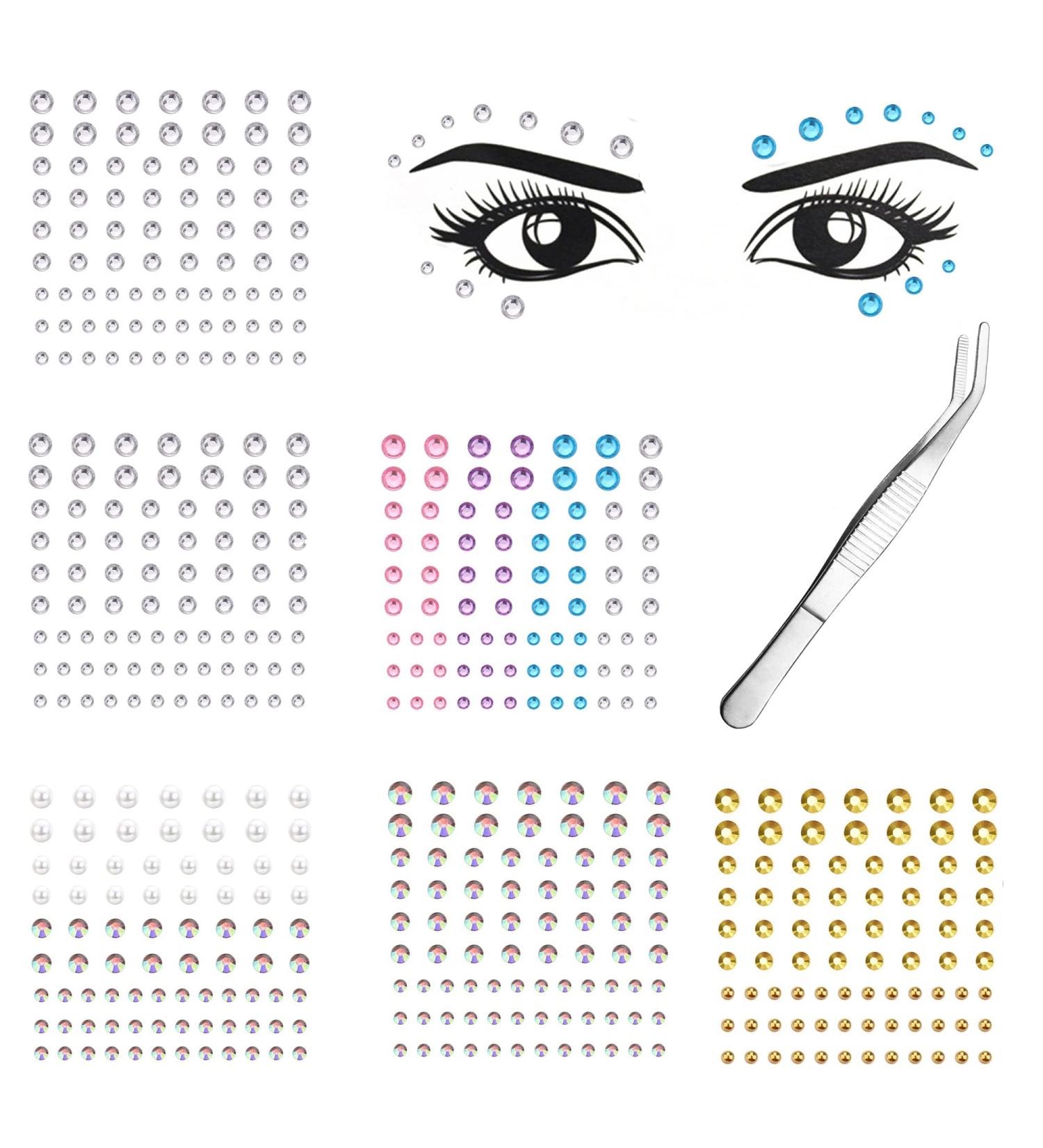 JeryWe 6 Sheets Face Jewels Stick on Rhinestone Stickers for Makeup - Self Adhesive DIY Gems for Women - White CZ & Gold & Colorful - Buy Online on GoSupps.com