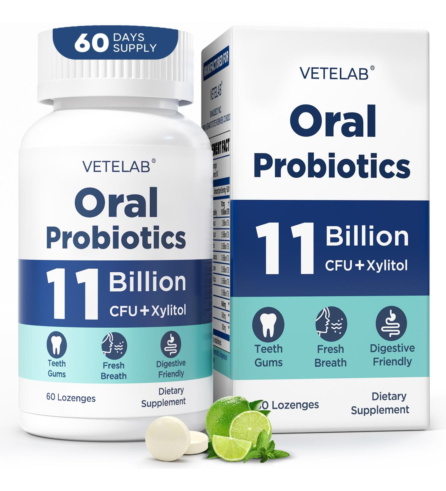 VeteLab Oral Probiotics for Mouth Bad Breath - 11 Billion CFU Chewable Probiotics for Teeth & Gums Dry Mouth Gum Restore Fresh Breath Chronic Halitosis & Gut Health 60 Lozenges - Buy Online on GoSupps.com