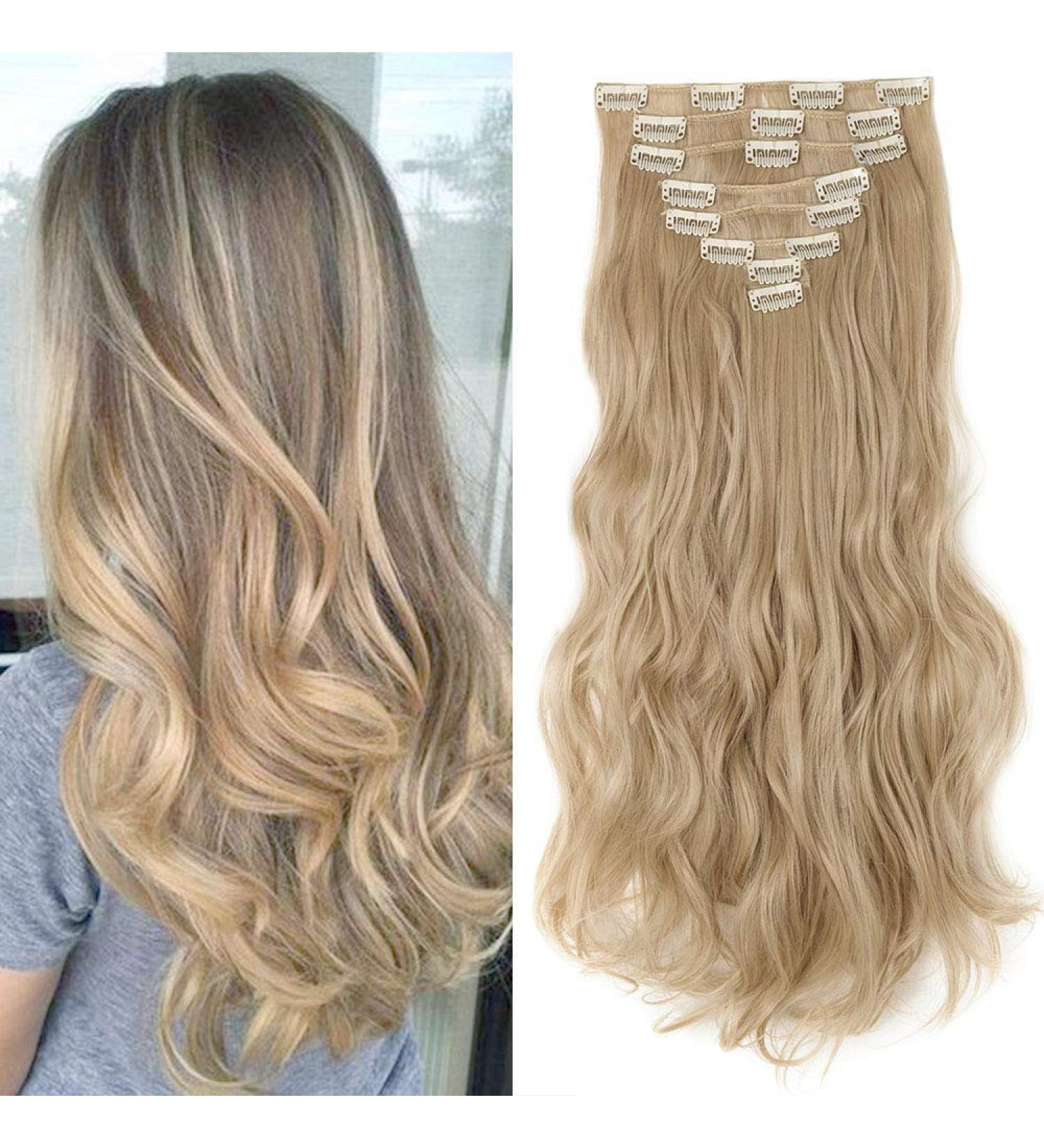 8PCS Clip in Hair Extensions 17 Inch Curly - Dark Blond/Bleach Blond Synthetic Hairpiece for Full Head - Buy Online on GoSupps.com