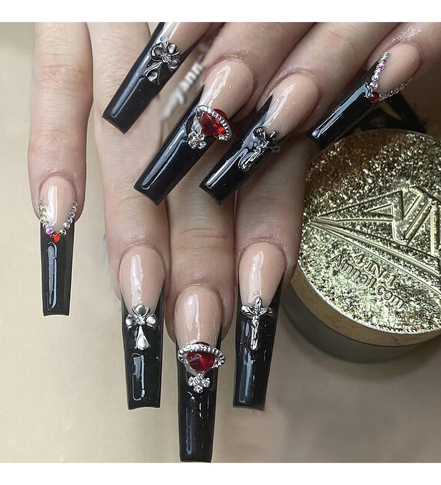 MISUD Long Coffin Press on Nails with Punk Designs - Black French Tip Ballerina Acrylic False Nails | 24 pcs Rhinestone Glossy Glue on Nails - Buy Online on GoSupps.com